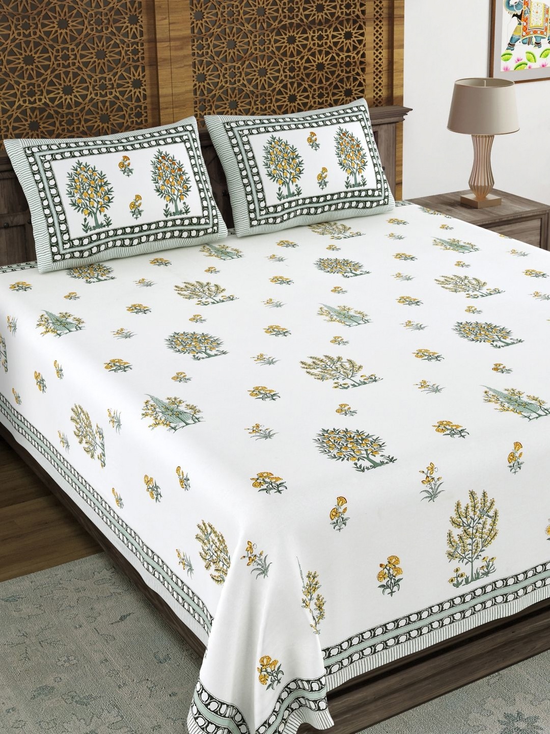 BLOCKS OF INDIA White & Green Ethnic Motifs 210 TC King Bedsheet with 2 Pillow Covers