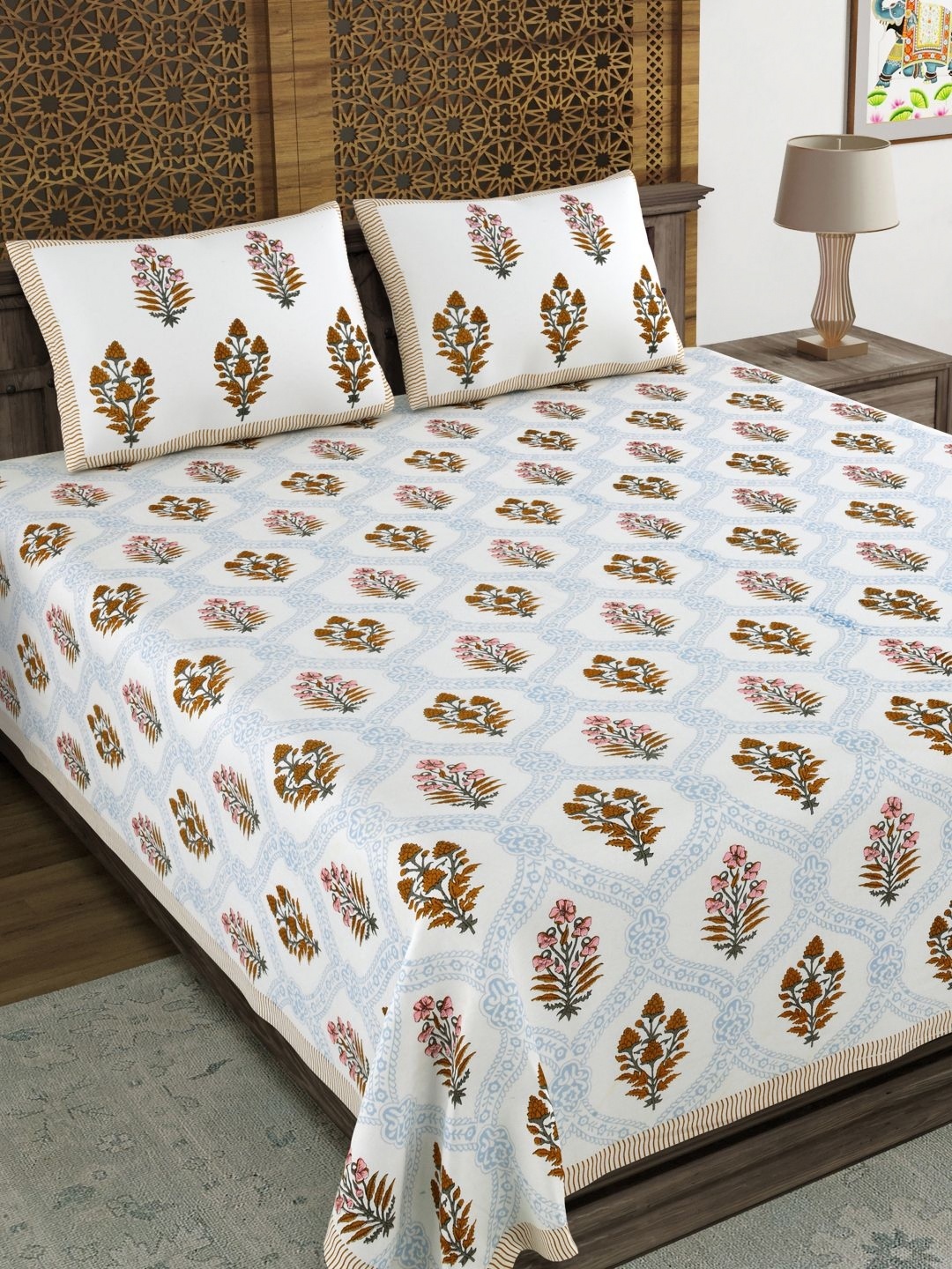 

BLOCKS OF INDIA Blue & White Ethnic Motifs 210 TC King Bedsheet with 2 Pillow Covers