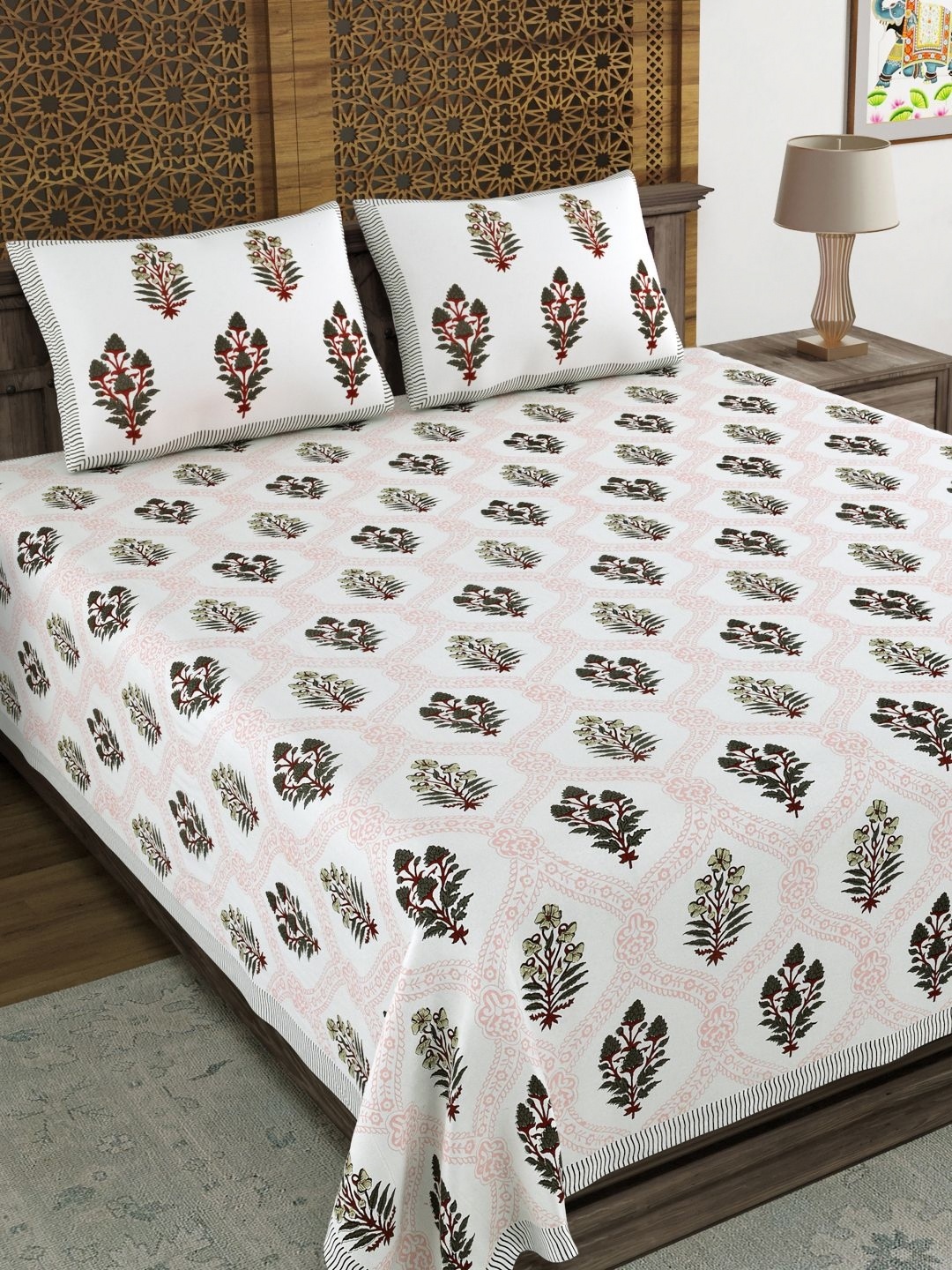 

BLOCKS OF INDIA Pink & White Ethnic Motifs 210 TC King Bedsheet with 2 Pillow Covers