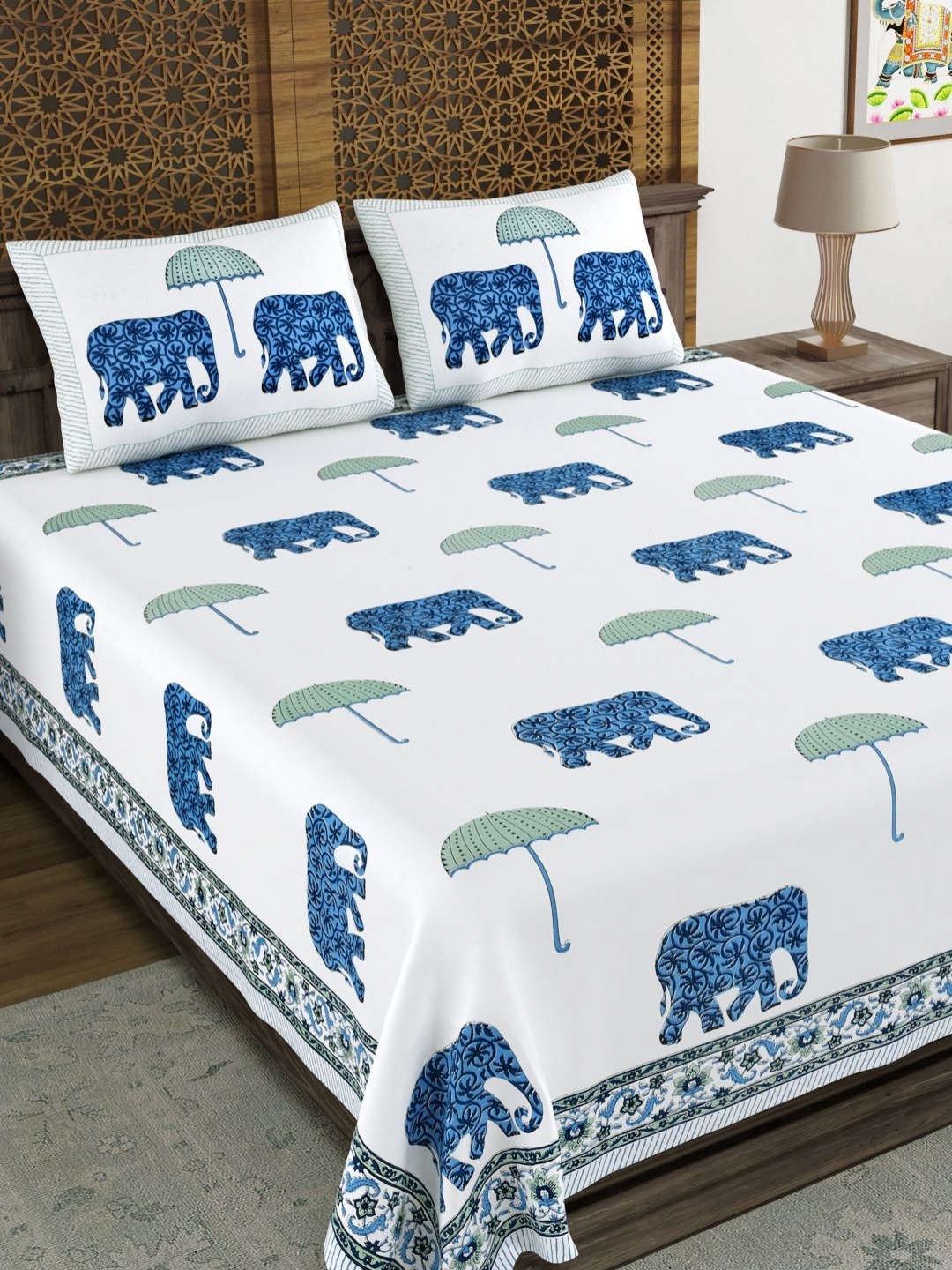 

BLOCKS OF INDIA Blue & White Ethnic Motifs 210 TC King Bedsheet with 2 Pillow Covers