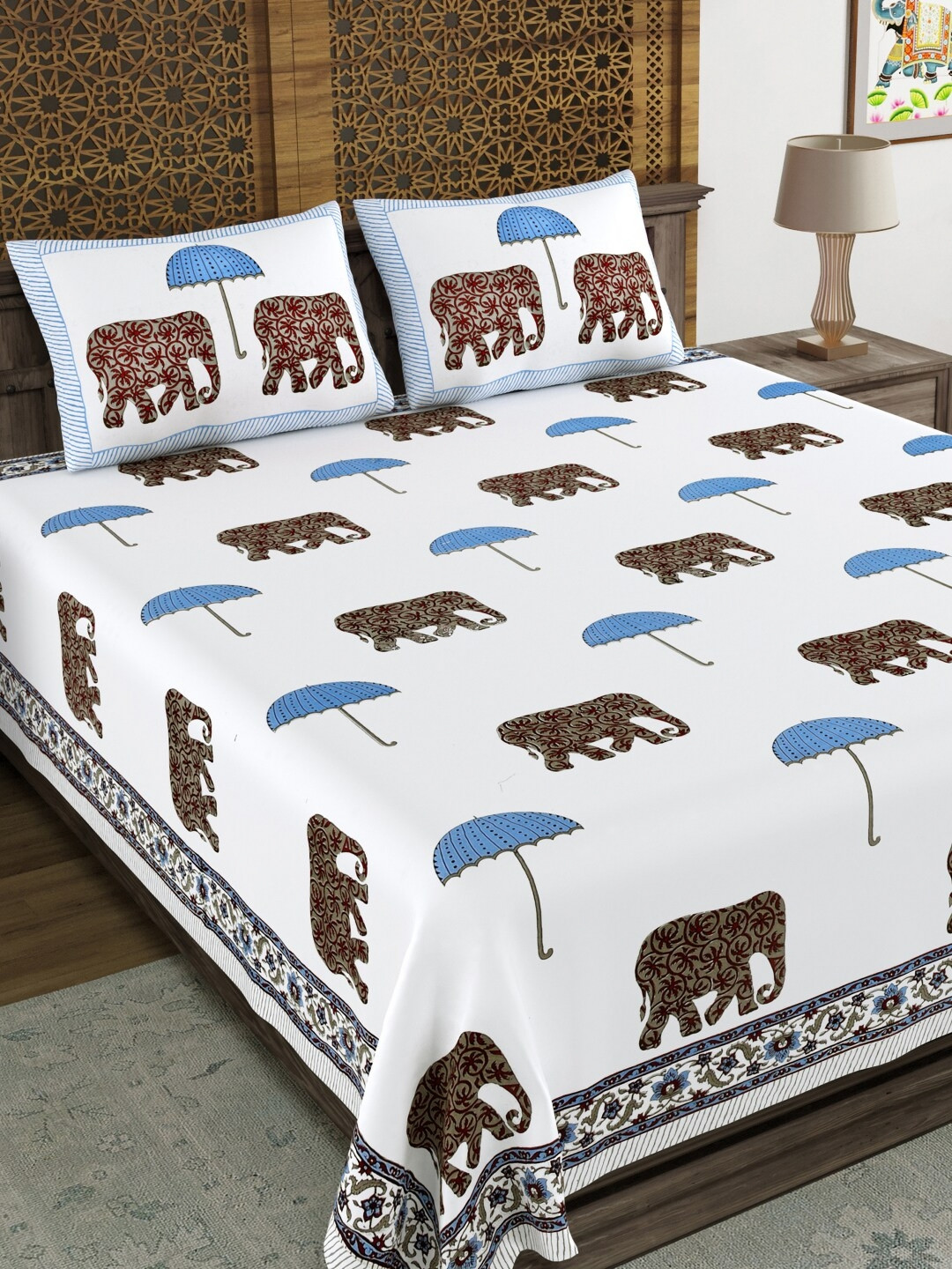 

BLOCKS OF INDIA White & Blue Ethnic Motifs 210 TC King Bedsheet with 2 Pillow Covers