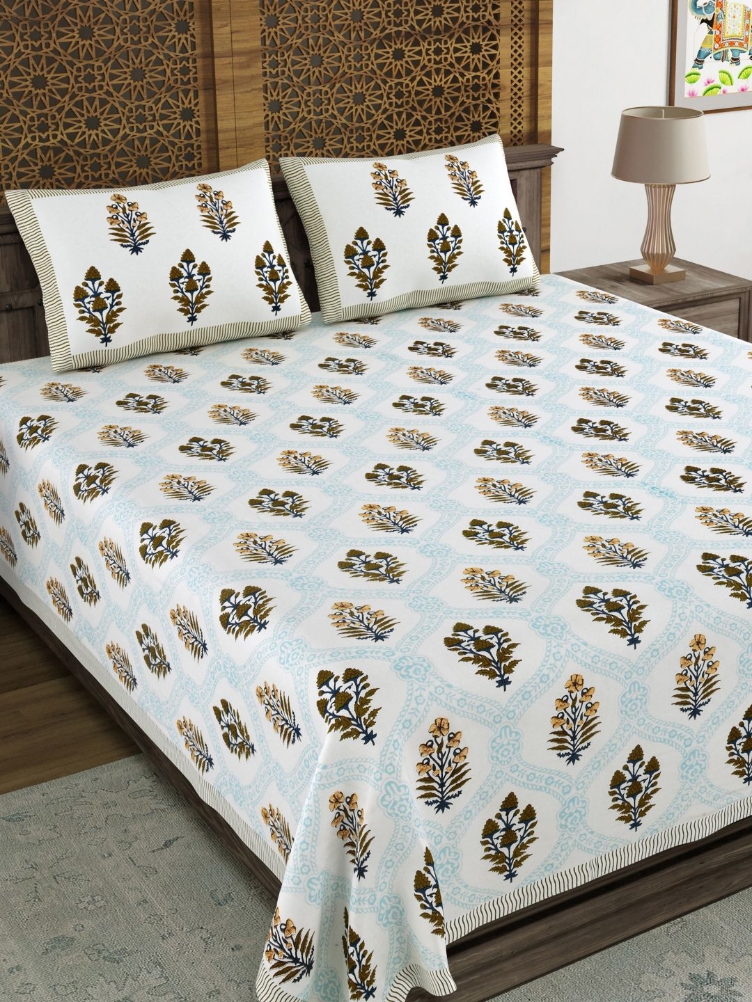 BLOCKS OF INDIA Blue & White Ethnic Motifs 210 TC King Bedsheet with 2 Pillow Covers