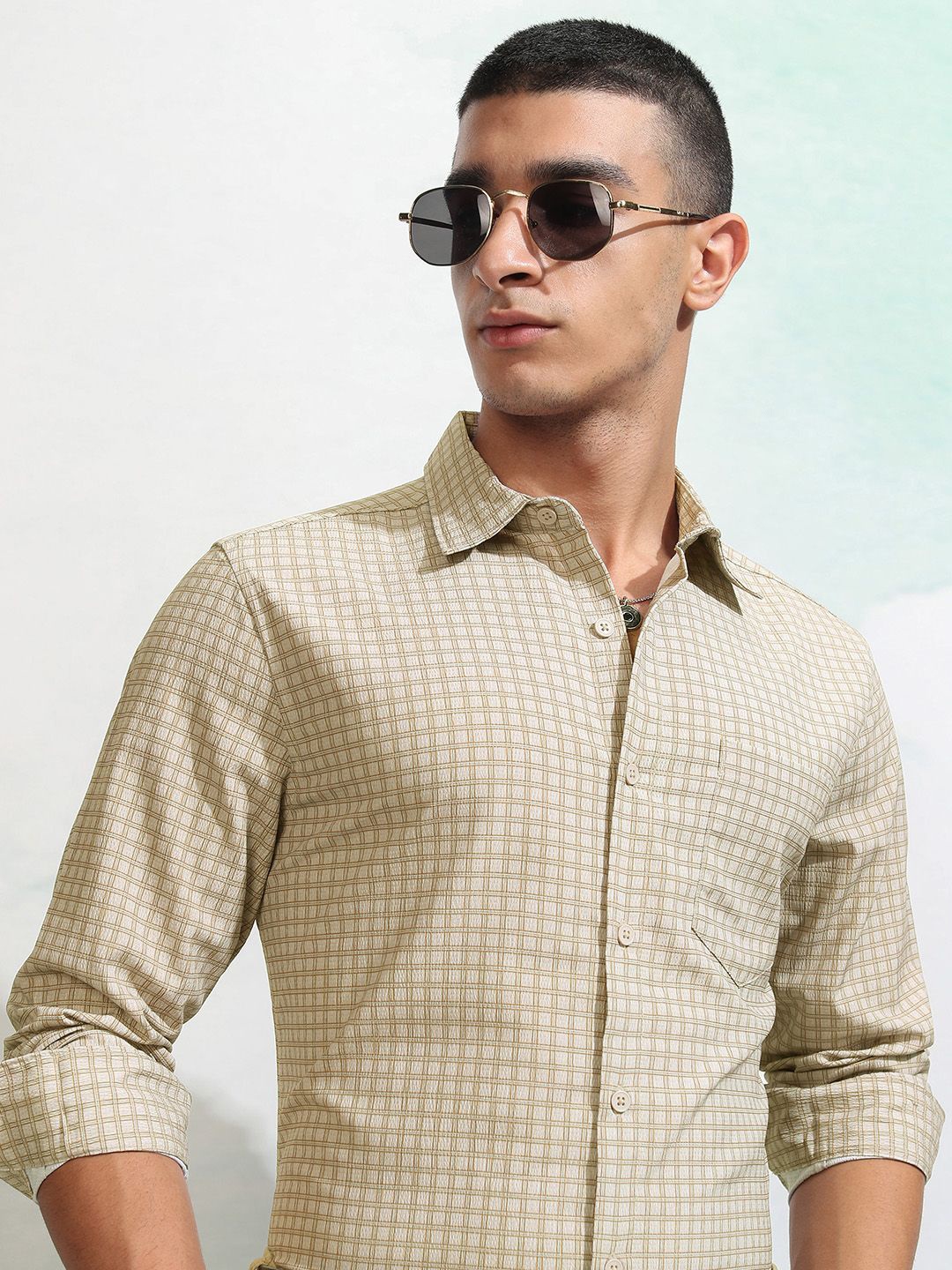 

HIGHLANDER Men Textured Printed Checked Casual Shirt, Beige