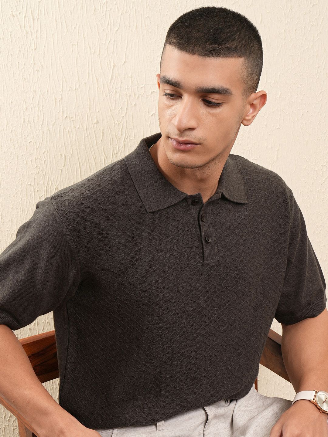 

Highlander Men Relaxed Fit Textured Half Sleeve Half Placket T-shirt, Brown