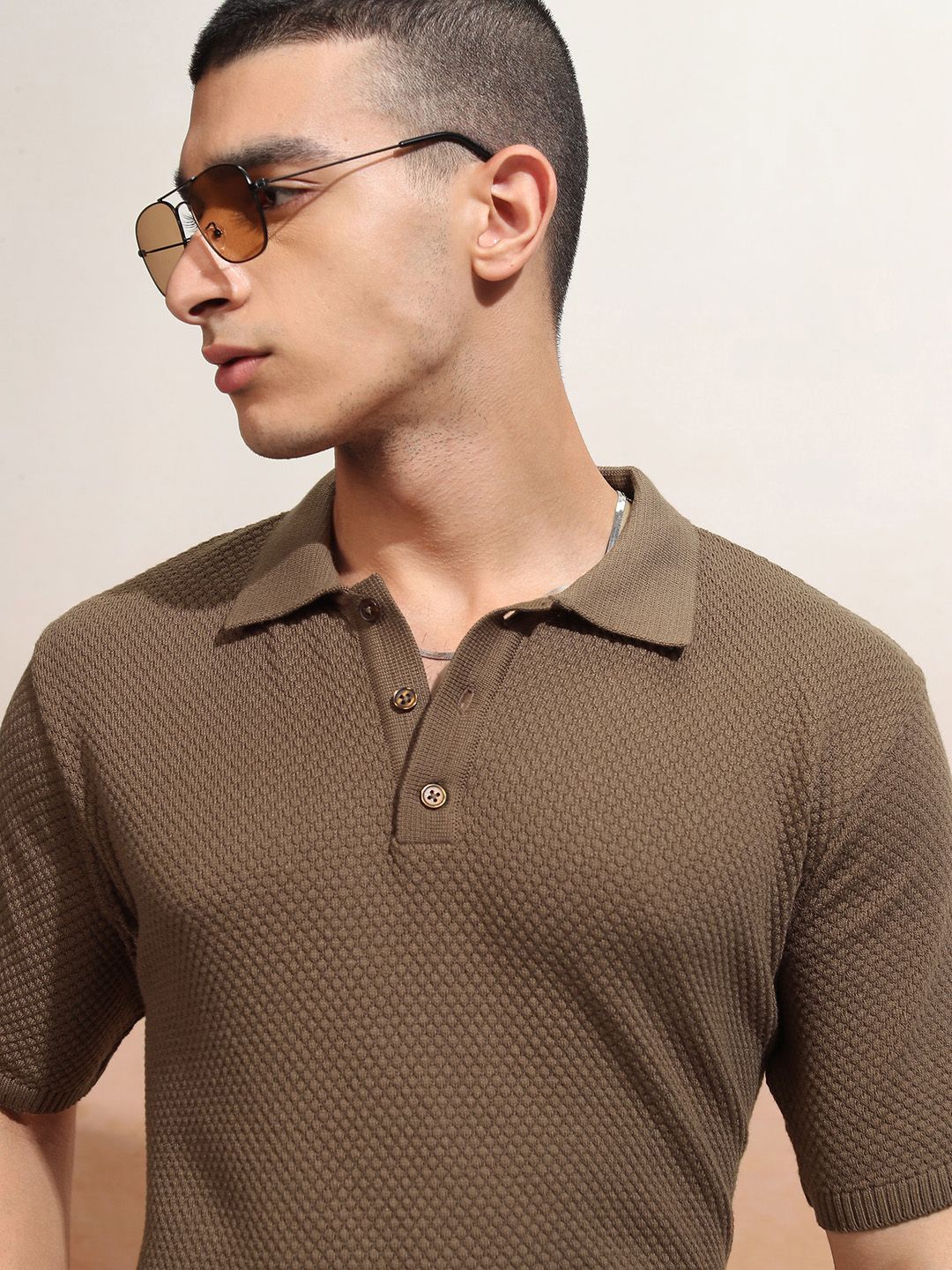 

HIGHLANDER Men Relaxed Fit Shorts Sleeves Half Placket T-shirt, Brown