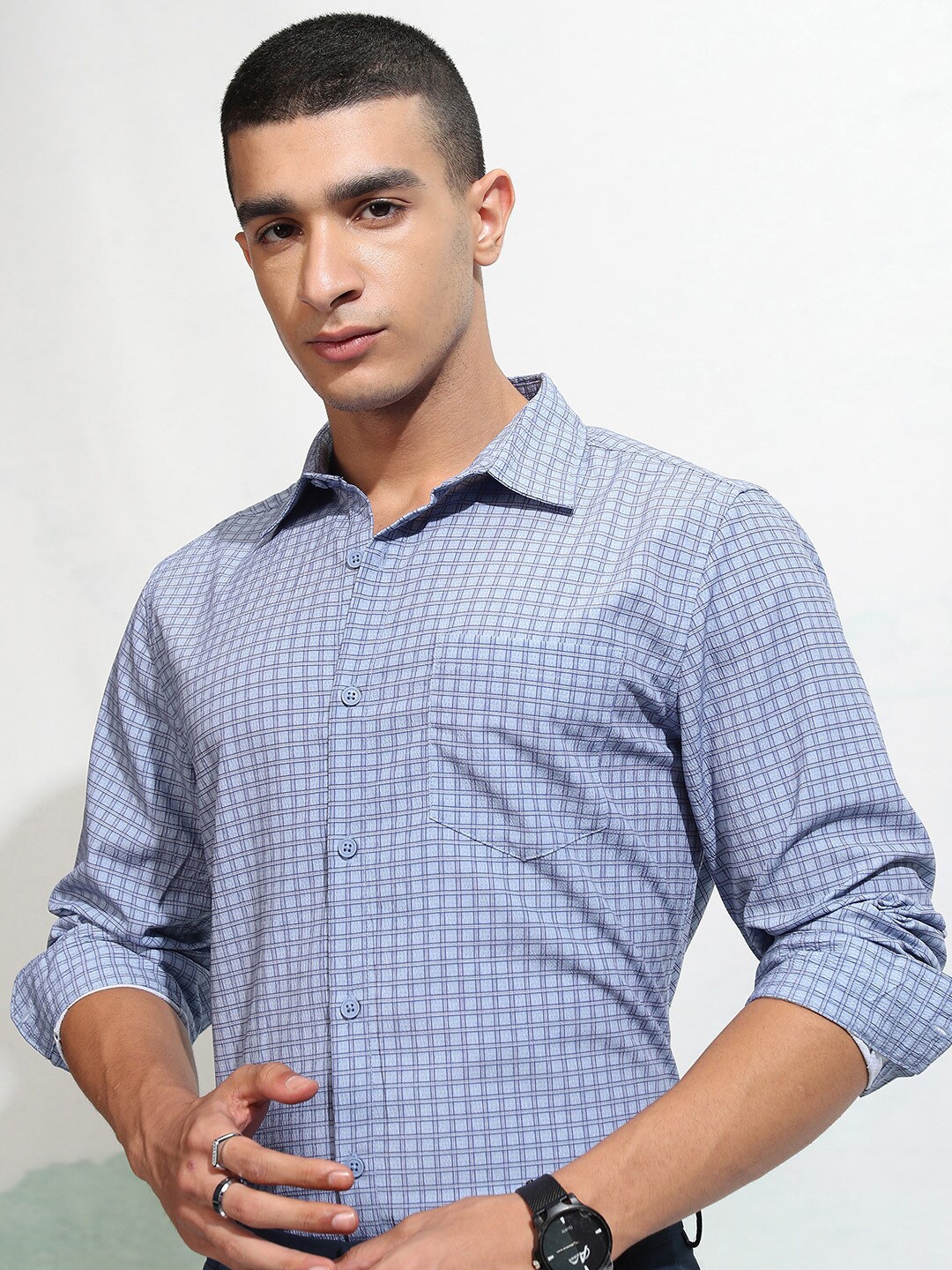 

HIGHLANDER Men Popcorn Textured Printed Checked Casual Shirt, Blue