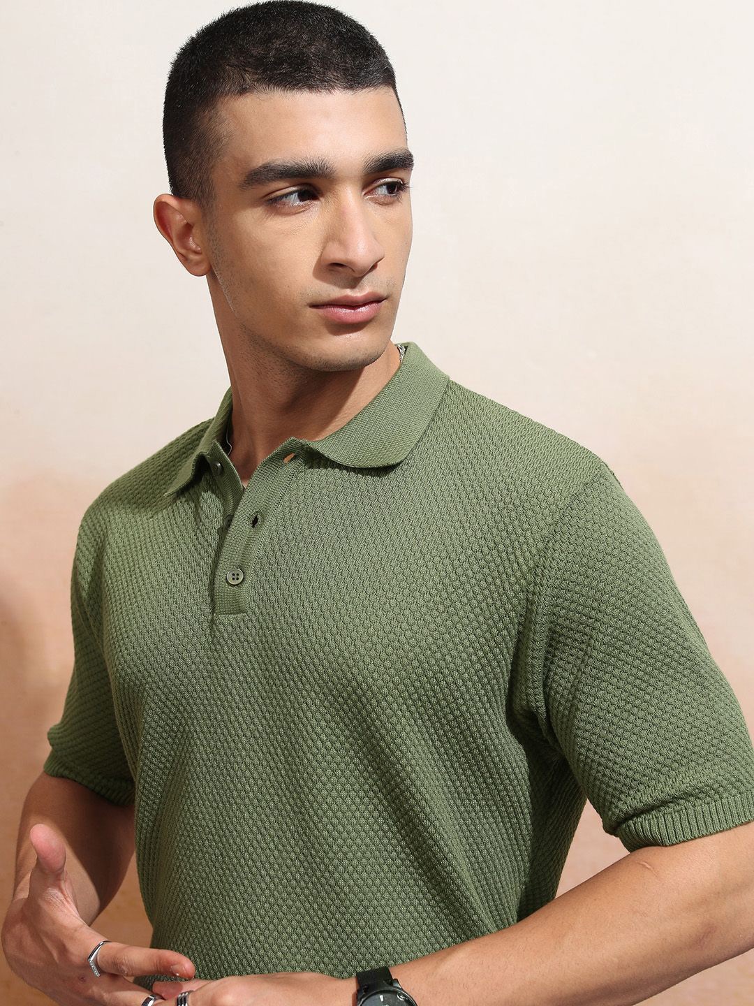 

Highlander Men Relaxed Fit Half Sleeve Knitted Polo Collar T-shirt, Olive