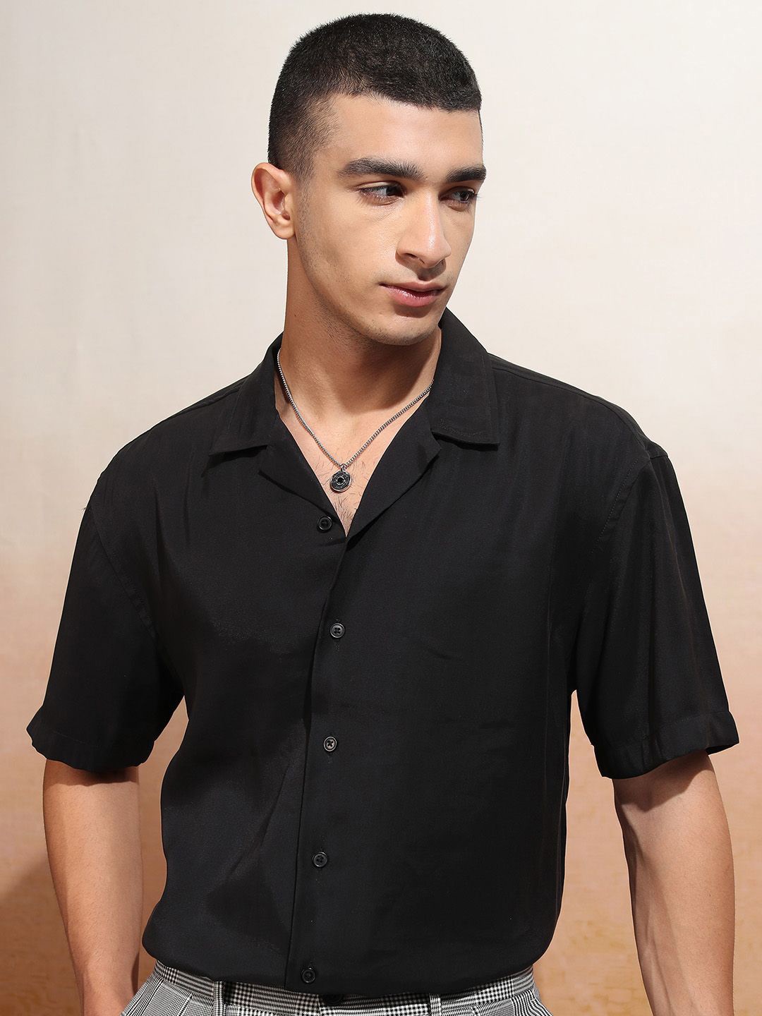 

HIGHLANDER Men Solid Cuban Collar Relaxed Soft Shirt, Black