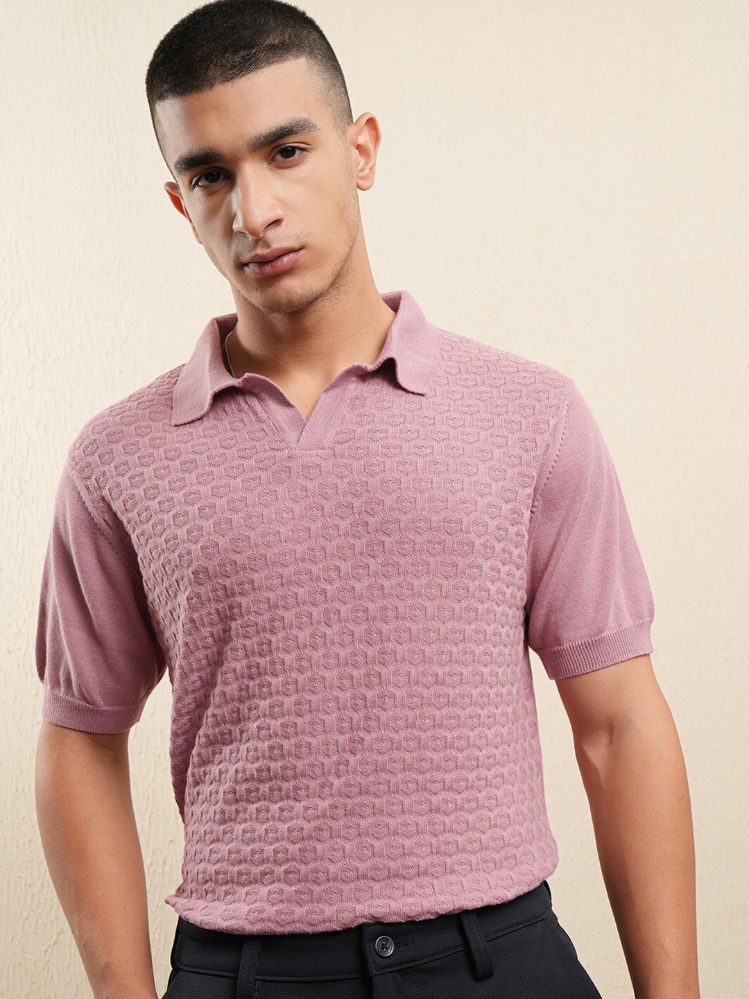 

Highlander Men Relaxed Fit Textured Half Sleeve Half Placket T-shirt, Pink
