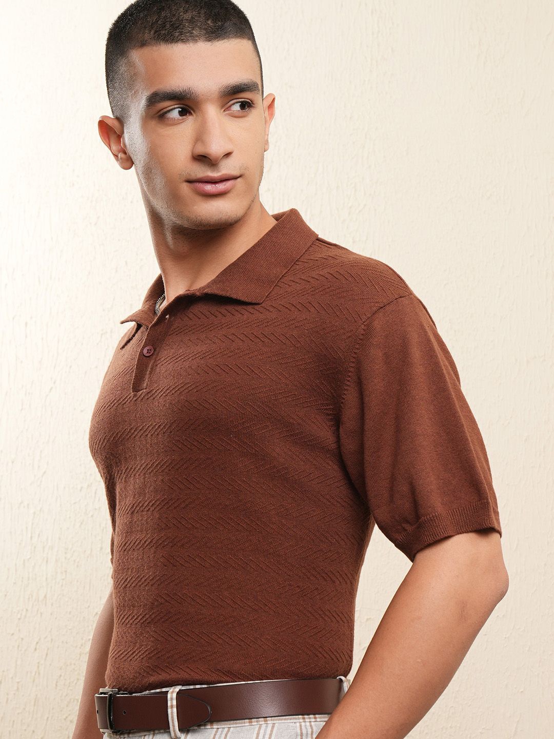 

Highlander Men Relaxed Fit Textured Half Sleeve Tshirt, Brown