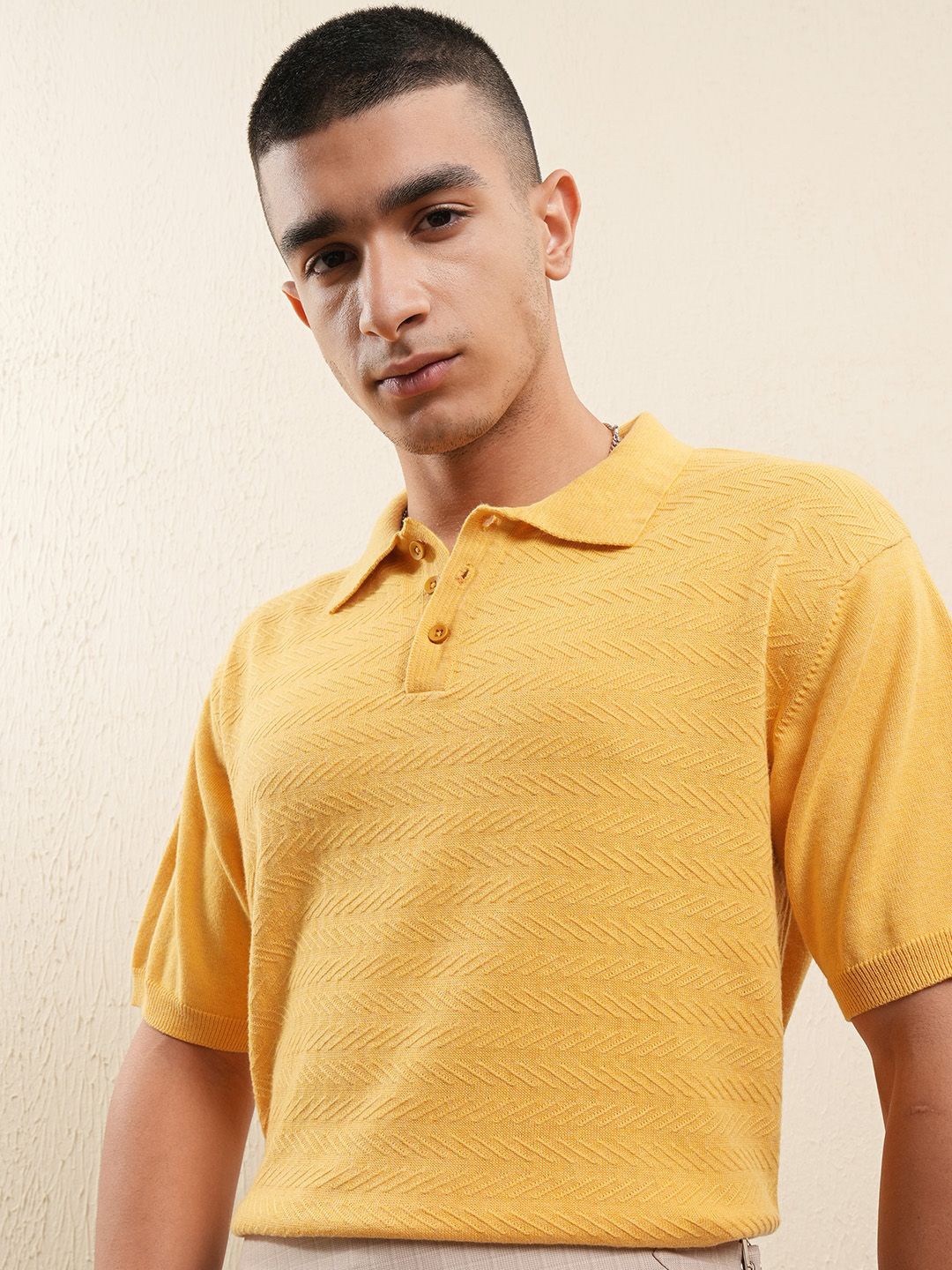 

Highlander Men Knitted Textured Polo Collar T-shirt, Yellow