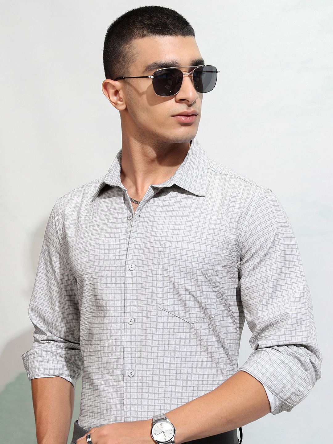 

HIGHLANDER Men Popcorn Textured Printed Checked Casual Shirt, Grey