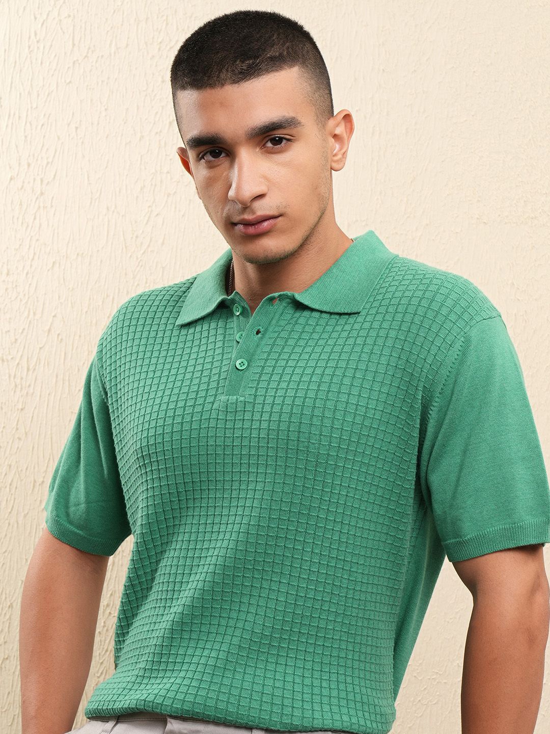 

Highlander Men Knitted Textured Polo Collar T-shirt, Green