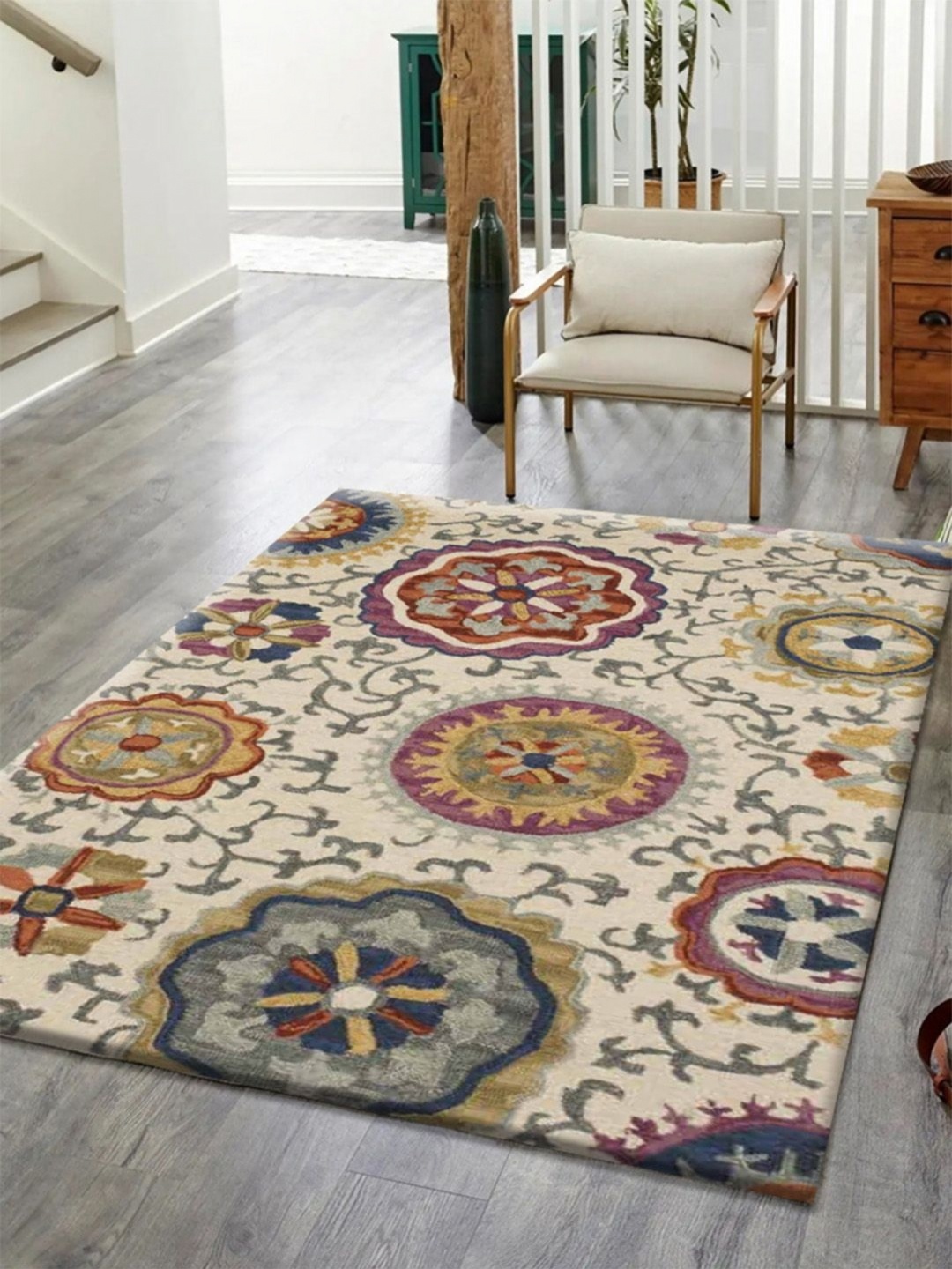 

nestroots White Ethnic Motifs Hand-Tufted Woollen Carpet