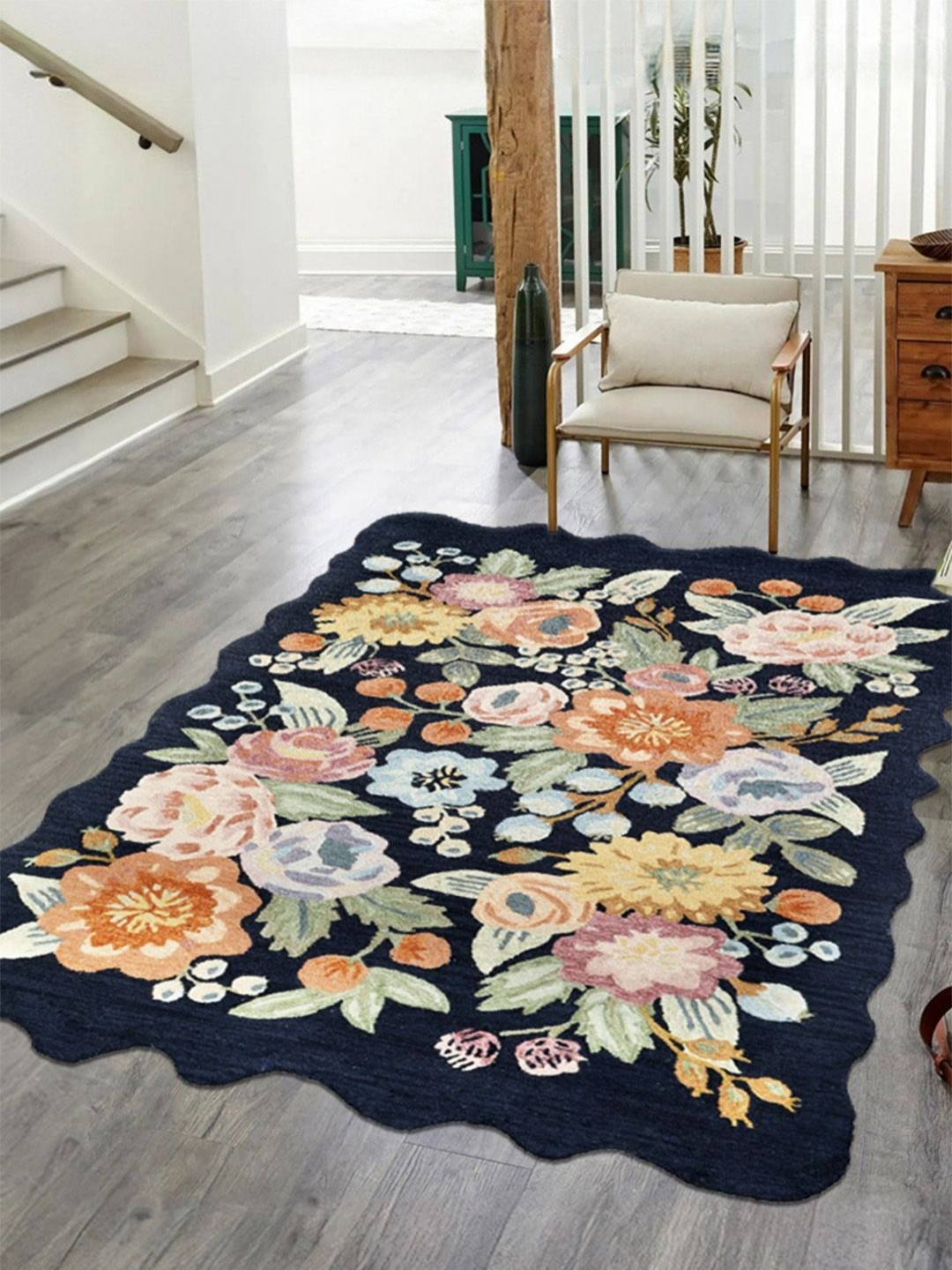 

nestroots Black Ethnic Motifs Hand-Tufted Woollen Carpet