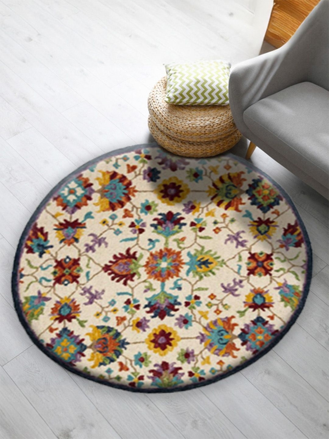 

nestroots Cream-Coloured Ethnic Motifs Hand-Tufted Woollen Carpet