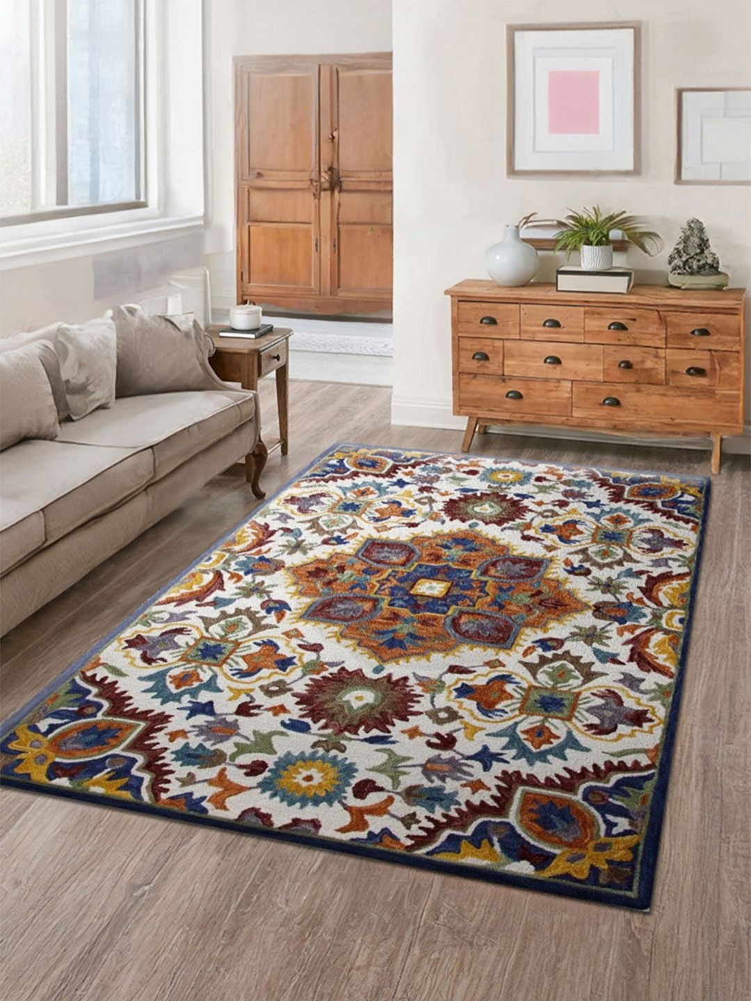 

nestroots White Ethnic Motifs Hand-Tufted Woollen Carpet