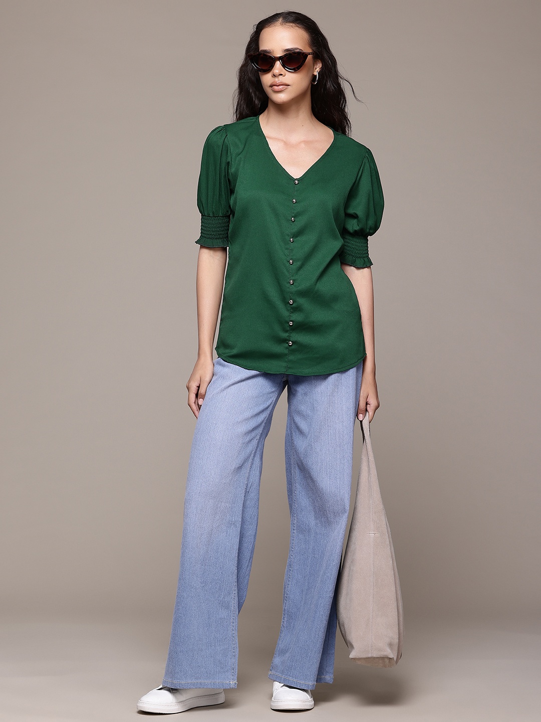 

Roadster Puff Sleeves Smocked Crepe Longline Top, Olive