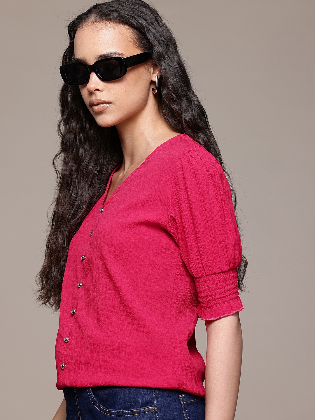 

Roadster Puff Sleeves Smocked Crepe Longline Top, Magenta