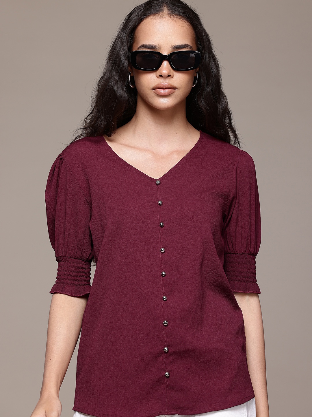 

Roadster Puff Sleeves Smocked Crepe Longline Top, Maroon