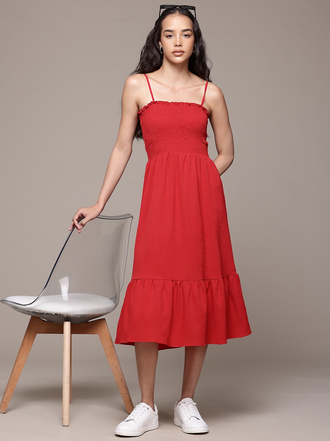 

Roadster Crepe Smocked Fit & Flare Midi Dress, Red