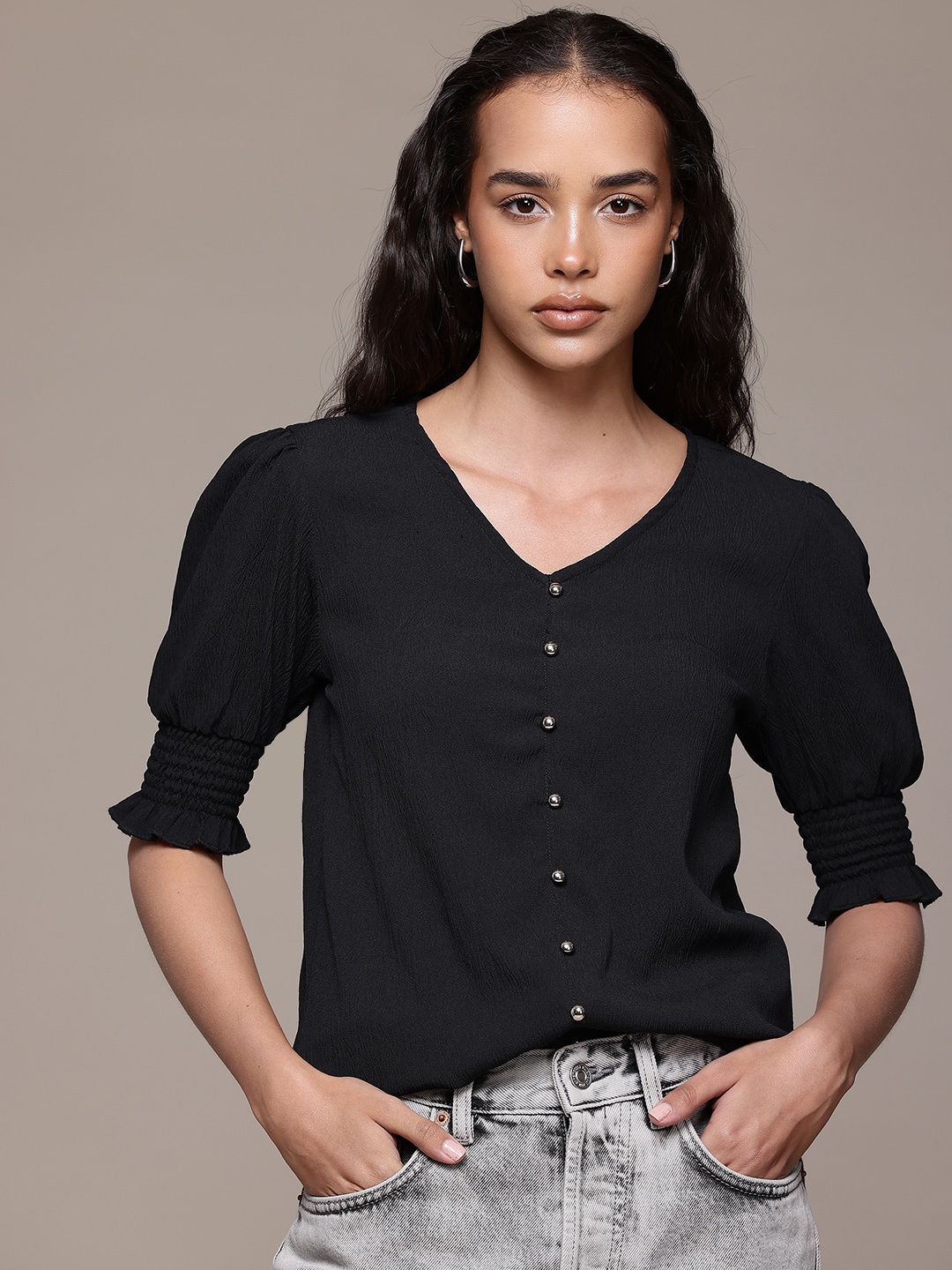 

Roadster Puff Sleeves Smocked Crepe Longline Top, Black