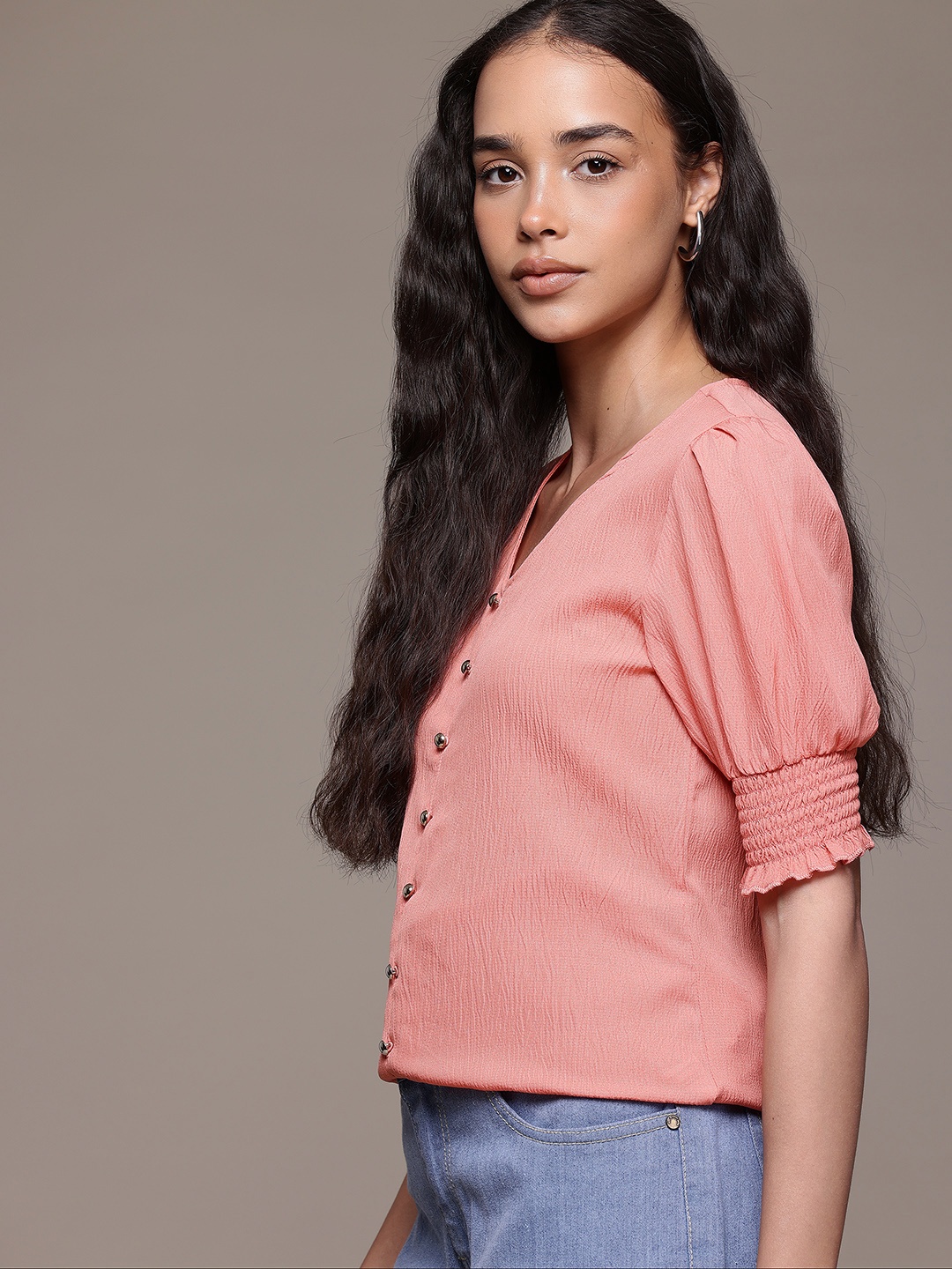 

Roadster Puff Sleeves Smocked Crepe Longline Top, Pink