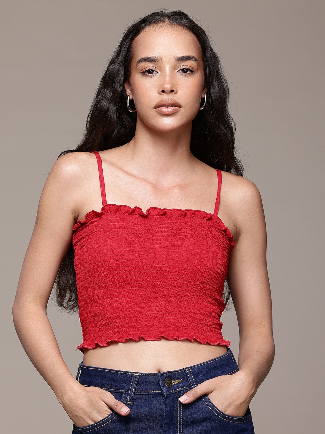 

Roadster Smocked Fitted Crepe Crop Top, Red
