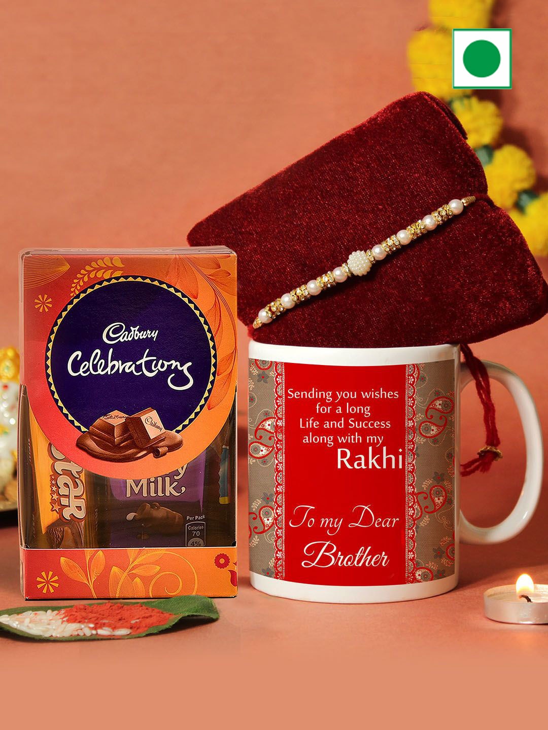 

TIED RIBBONS Rakhi With Mug & Cadbury Pack With Greeting Card & Roli Chawal, Red
