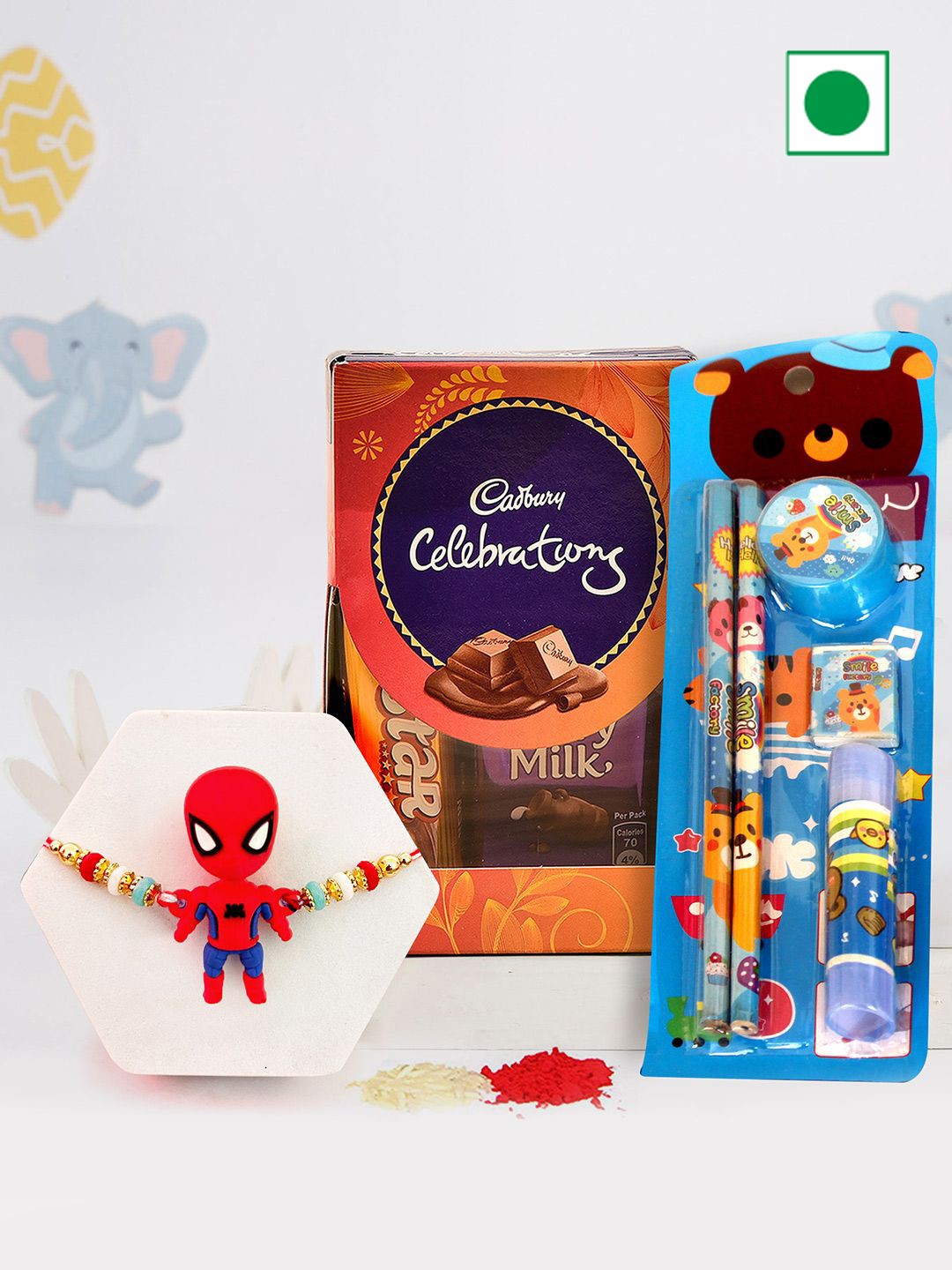 

TIED RIBBONS Beaded Rakhi with Chocolate & Stationary Kit with Card & Roli Chawal, Blue