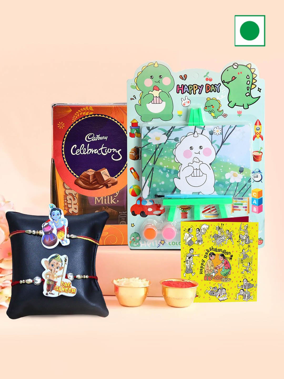 

TIED RIBBONS Set Of 2 Rakhi & Stationery Kit With Cadbury & Greeting Card With Roli Chawal, Red