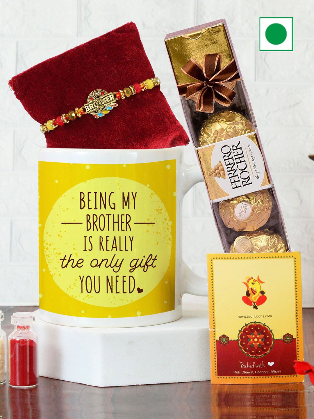 

TIED RIBBONS Beaded Rakhi with Chocolate & Mug with Card & Roli Chawal, Red