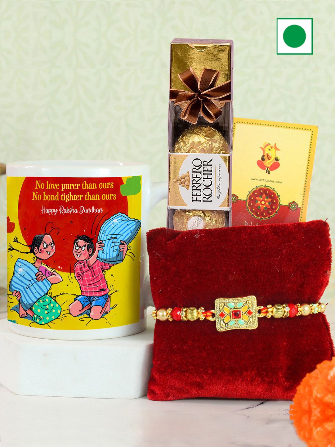 

TIED RIBBONS Beaded Rakhi with Chocolate & Mug with Card and Roli Chawal, Red