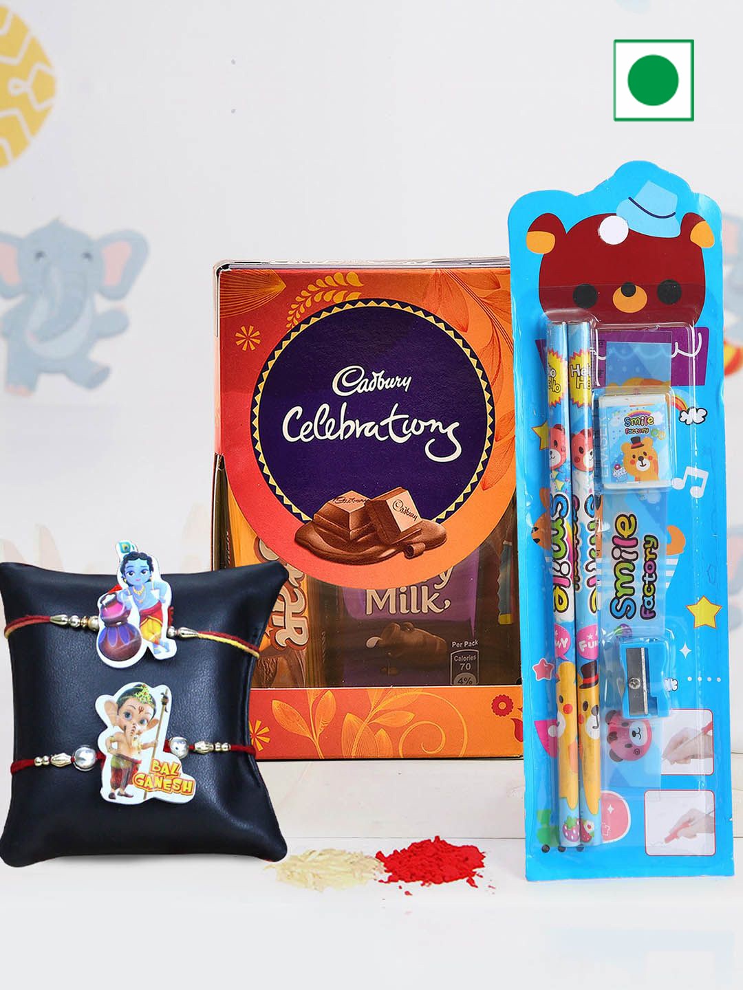 

TIED RIBBONS Boys Set of 2 Rakhi With Stationery Kit & Chocolates With Card & Roli Chawal, Red