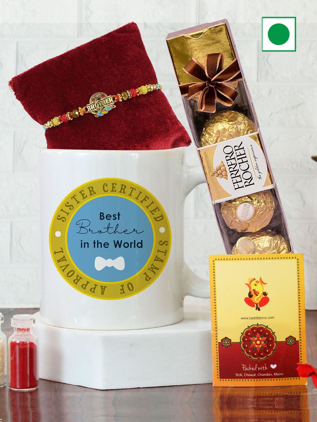 

TIED RIBBONS Beaded Rakhi with Chocolate & Mug with Card & Roli Chawal, Red