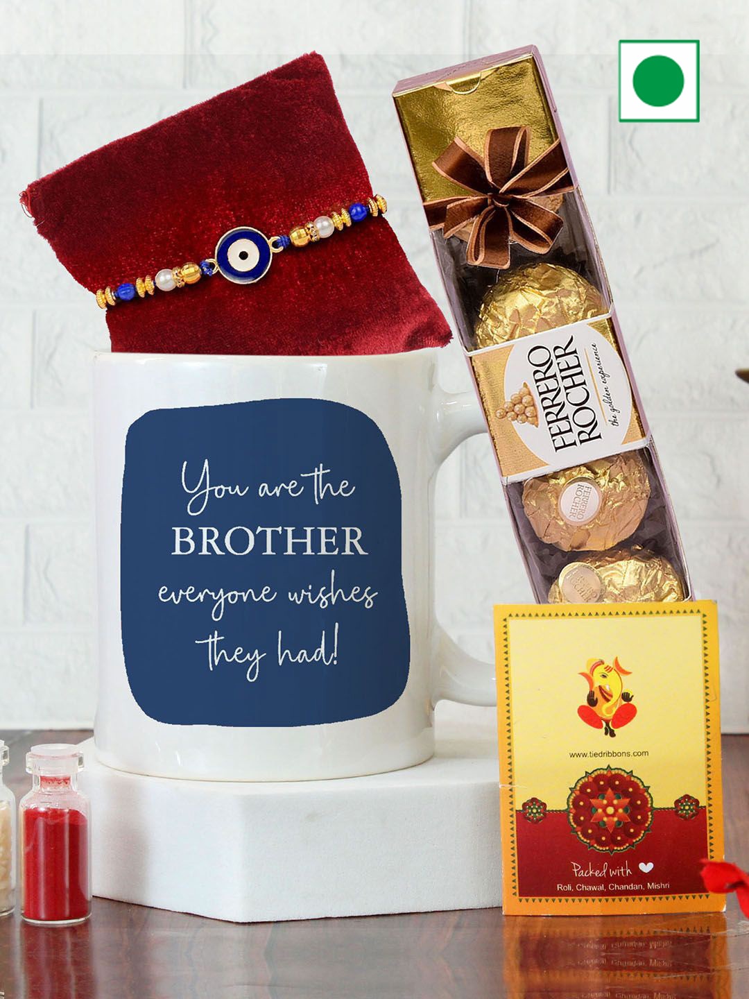 

TIED RIBBONS Rakhi With Chocolate Pack & Mug With Greeting Card & Roli Chawal, Red