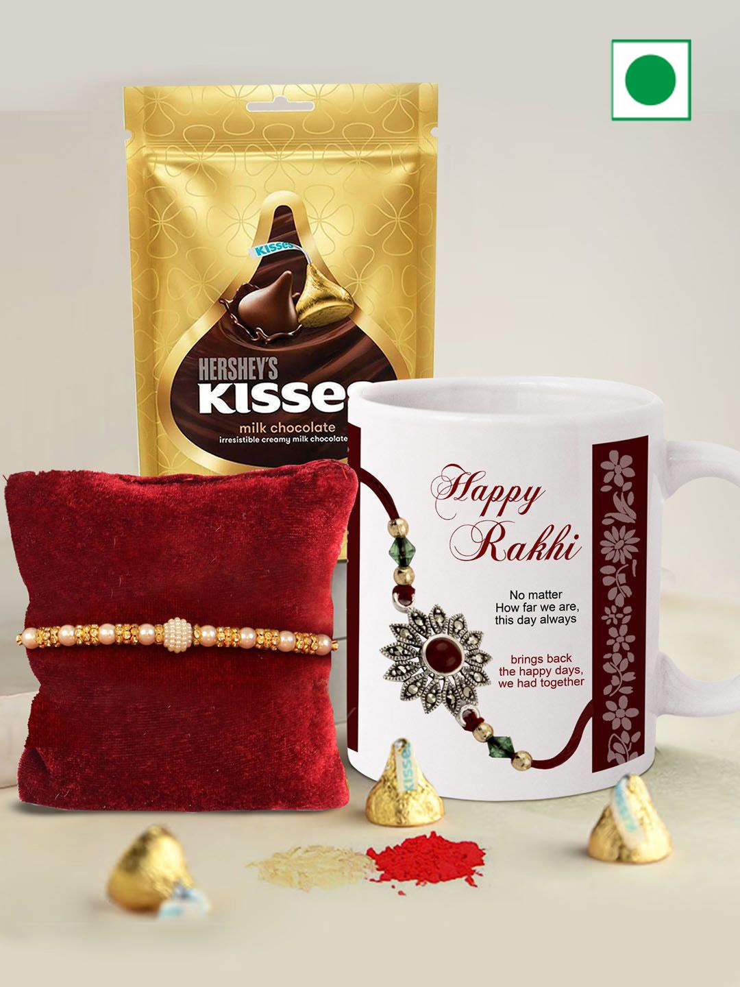 

TIED RIBBONS Beaded Rakhi With Chocolate Pack & Mug With Card & Roli Chawal, Brown