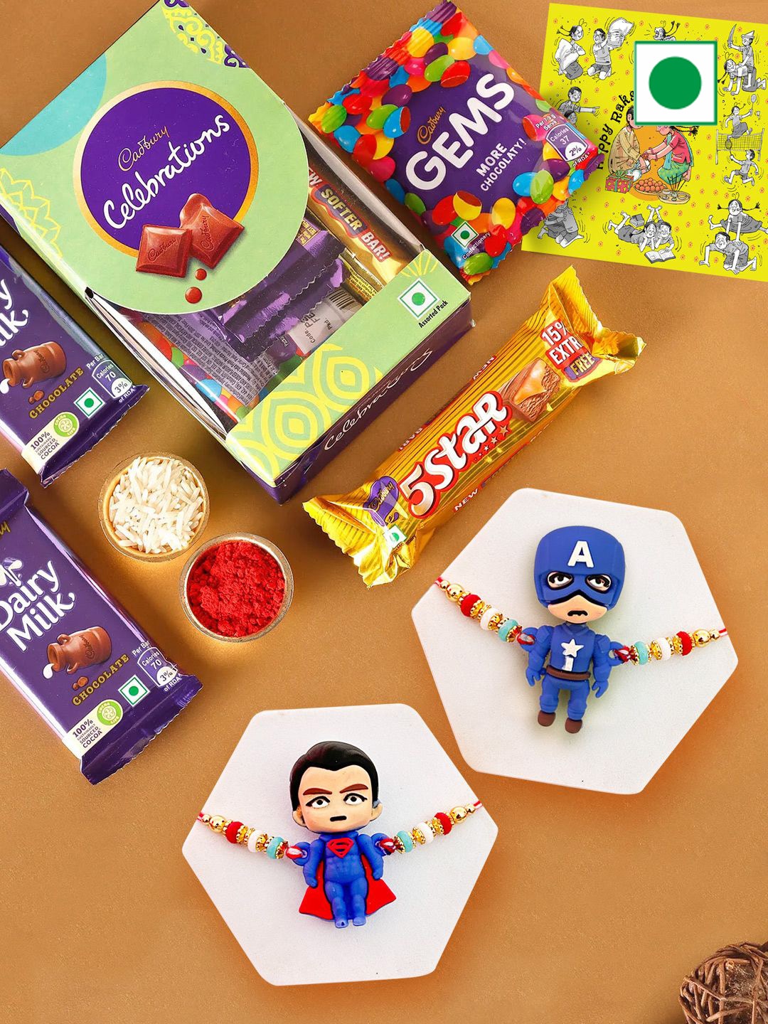 

TIED RIBBONS Set of 2 Rakhi with Chocolate & Card with Roli Chawal, Blue