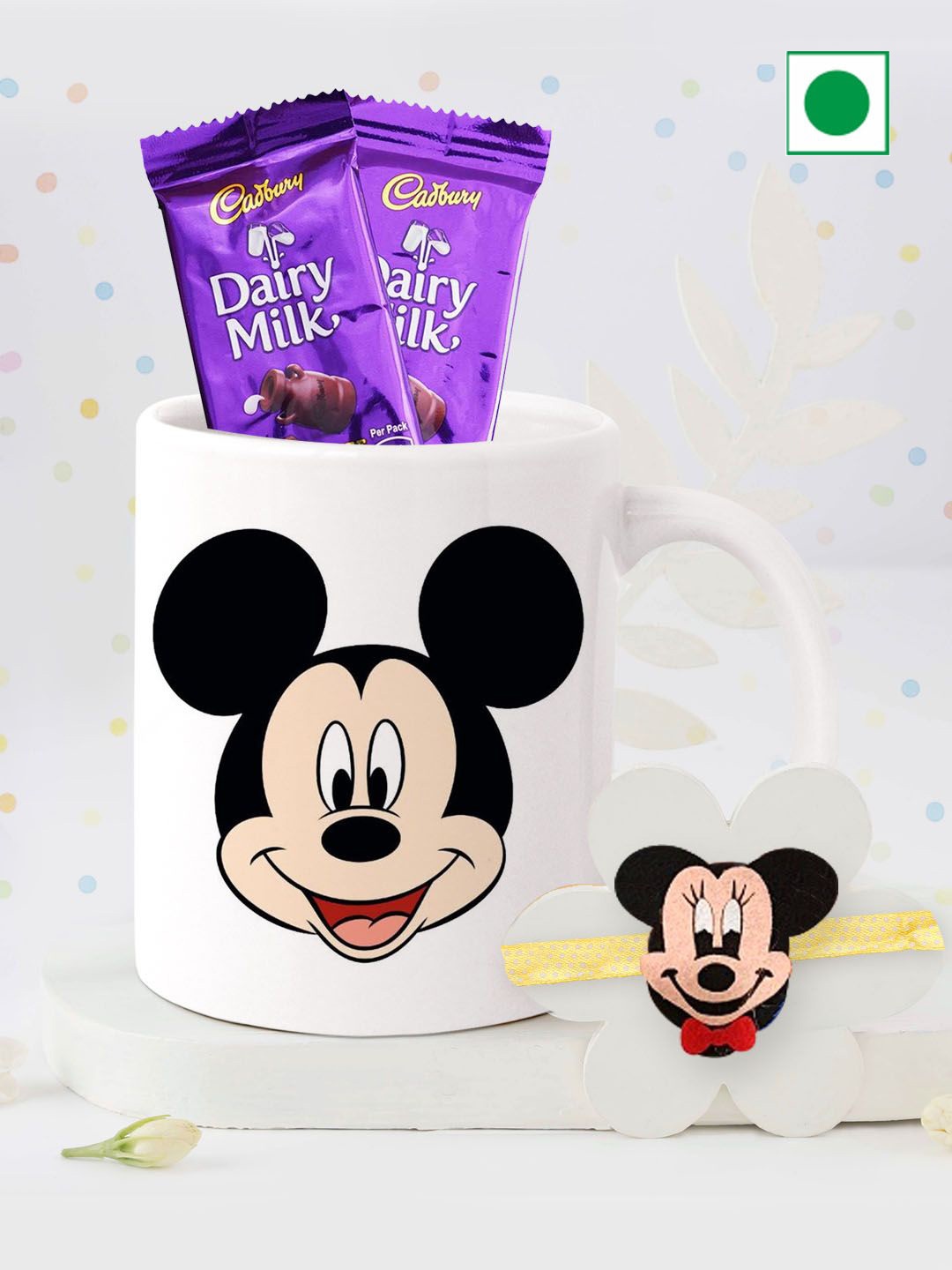 

TIED RIBBONS Mickey Mouse Rakhi With Mug & Chocolates With Greeting Card & Roli Chawal, Red