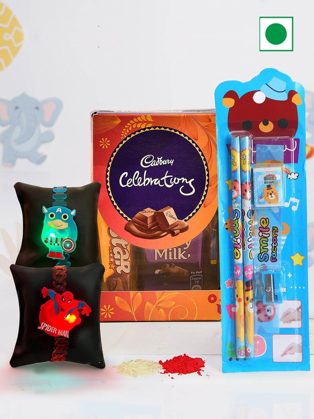 

TIED RIBBONS Set fo 2 Rakhi with Chocolate & Stationary Kit with Card & Roli Chawal, Blue