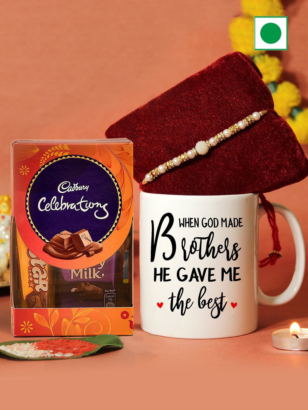 

TIED RIBBONS Beaded Rakhi with Chocolate & Mug with Card & Roli Chawal, Red