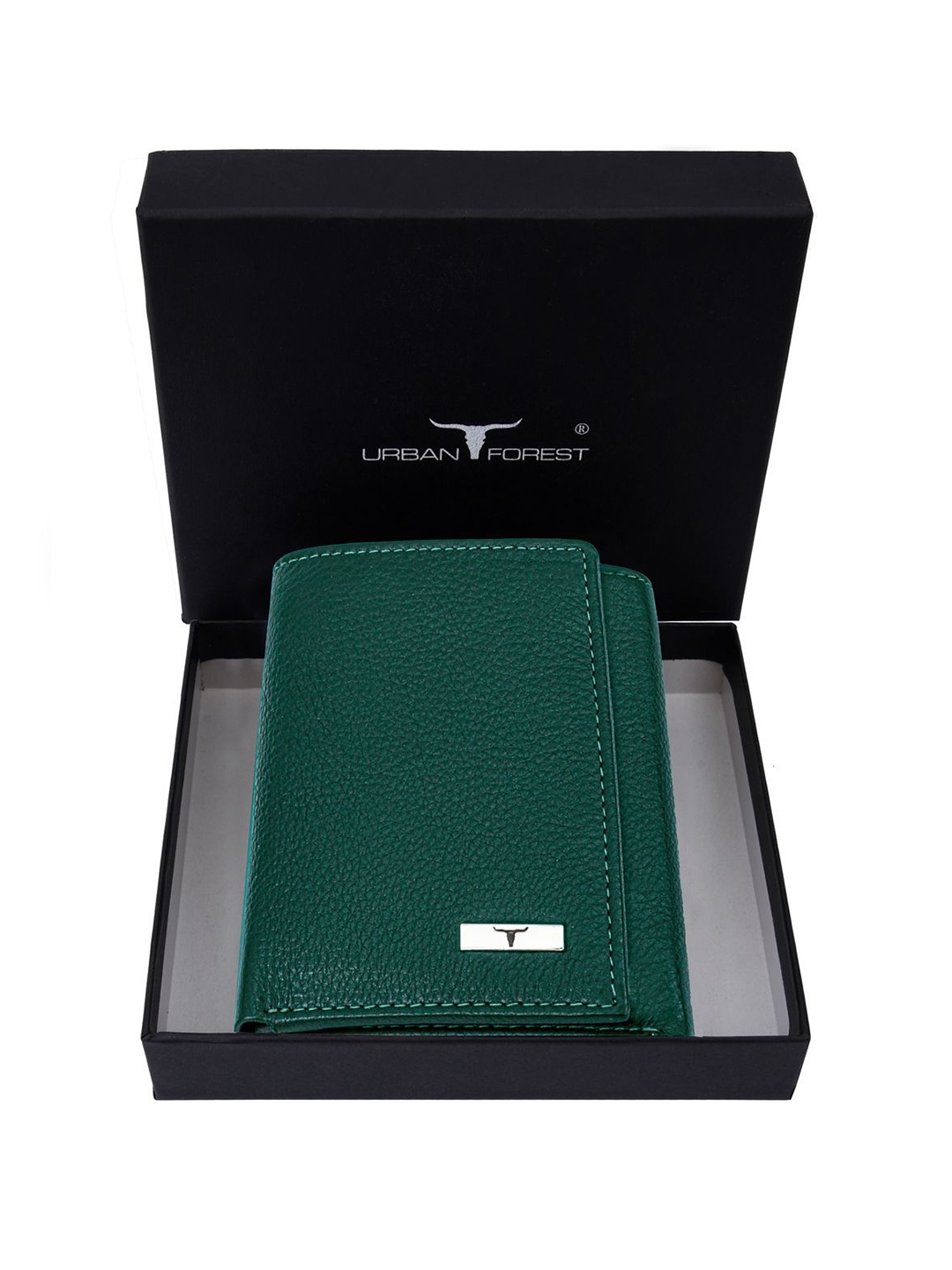 URBAN FOREST Men Buckle Detail Leather Three Fold Wallet, Green