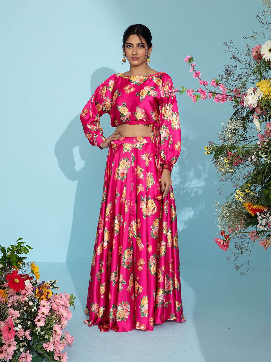 

Gajra Gang Printed Mukaish Ikat Ready to Wear Lehenga &, Pink