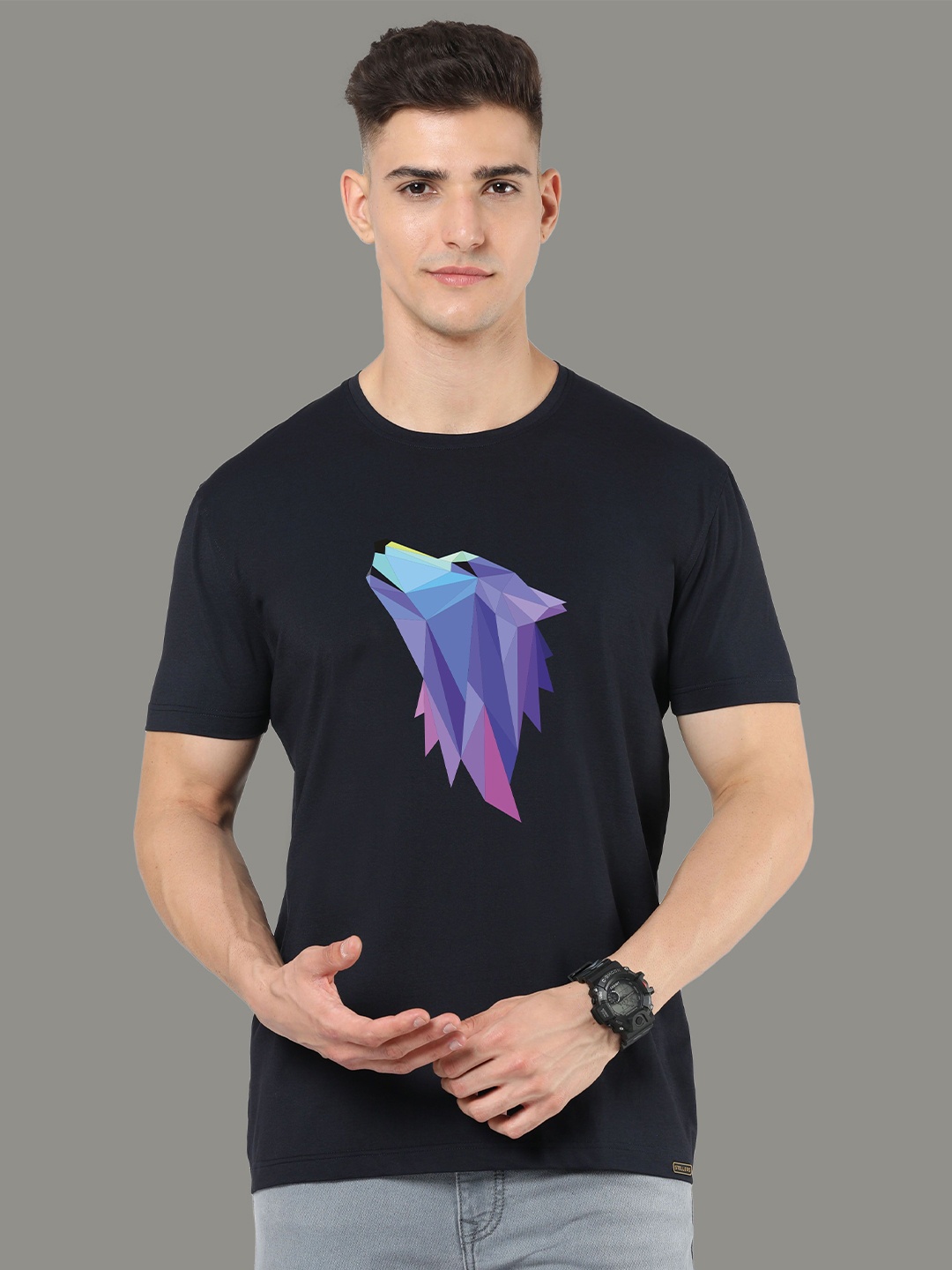 

STELLERS Men Printed Extended Sleeves Applique T-shirt, Black