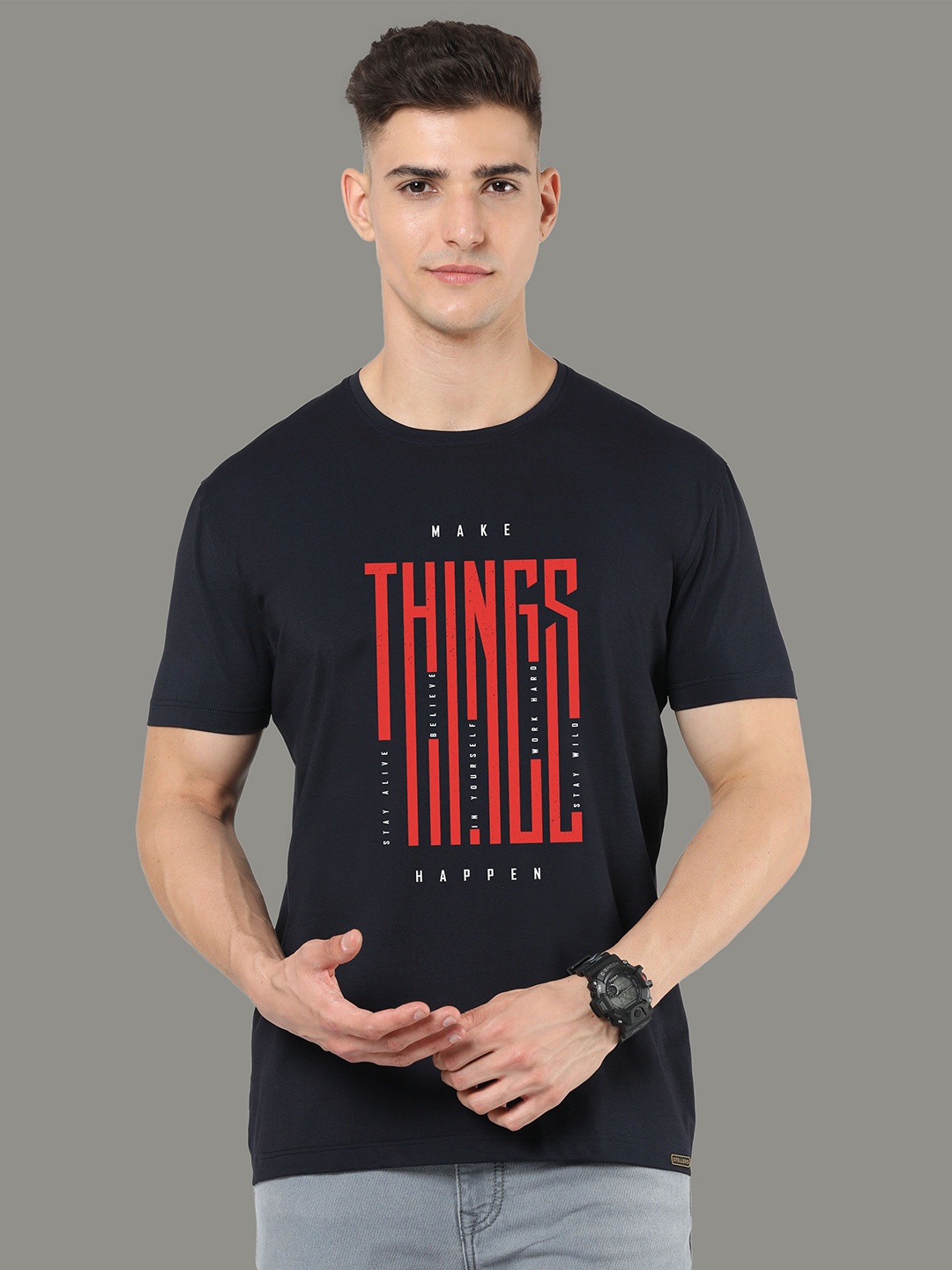 

STELLERS Men Printed Raw Edge T-shirt, Black