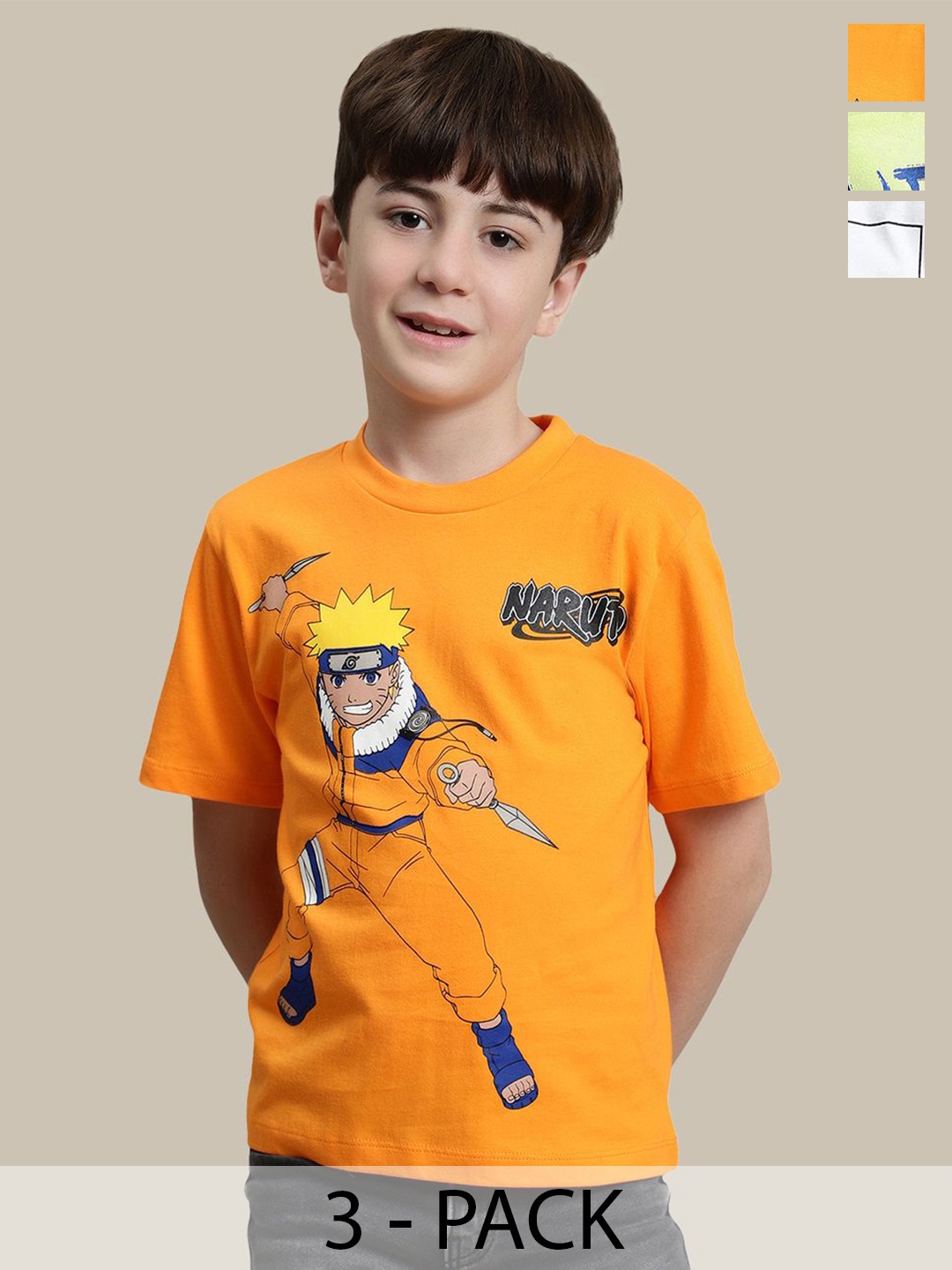 

Kids Ville Boys Pack Of 3 Naruto Printed Pure Cotton Tshirts, Green