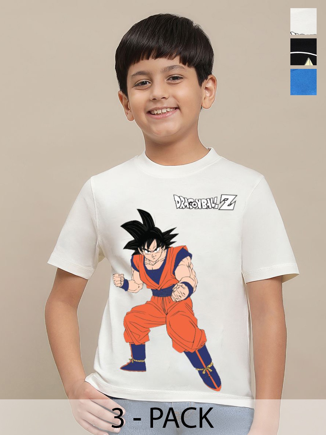 

Kids Ville Boys Pack Of 3 Dragon Ball Z Printed Pure Cotton Tshirts, White