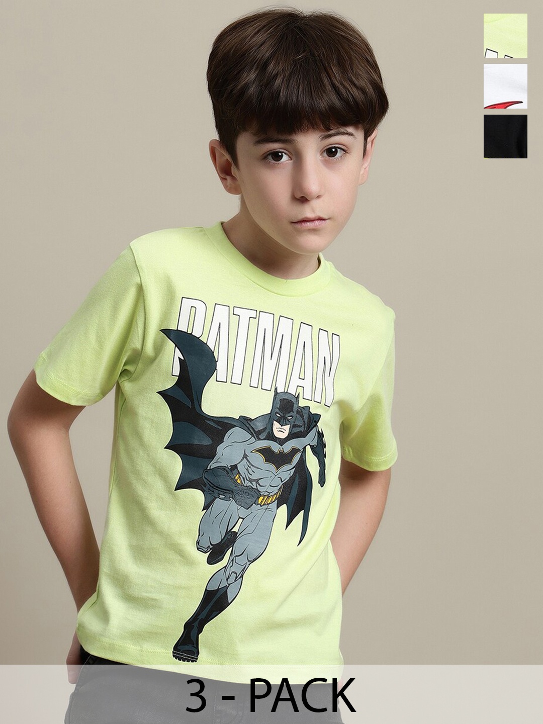 

Kids Ville Boys Pack Of 3 Justice League Printed Pure Cotton Tshirts, Black