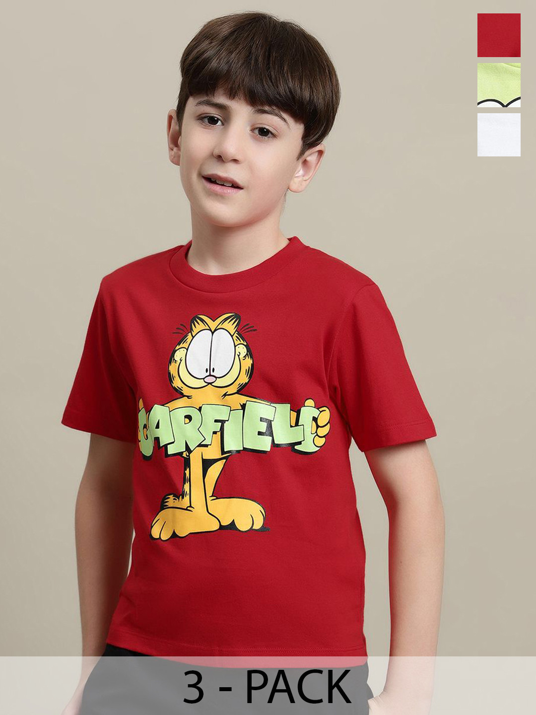 

Kids Ville Boys Pack of 3 Garfield Printed Pure Cotton T-Shirts, White