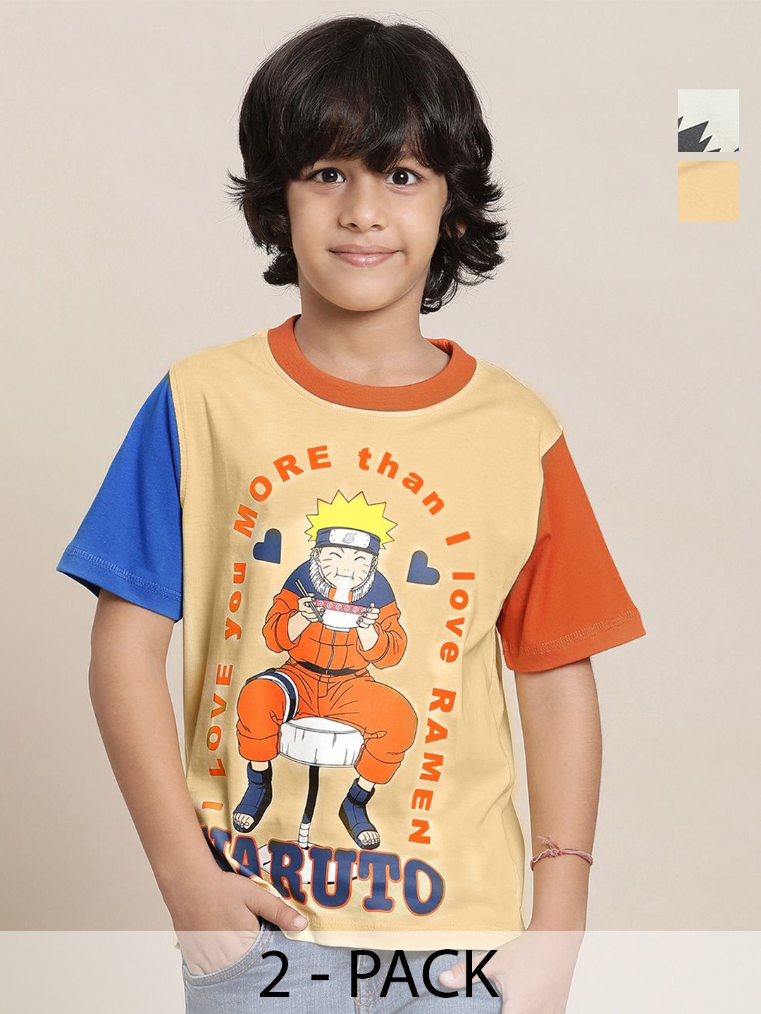 

Kids Ville Boys Pack Of 2 Naruto Printed Pure Cotton T-shirt, Beige